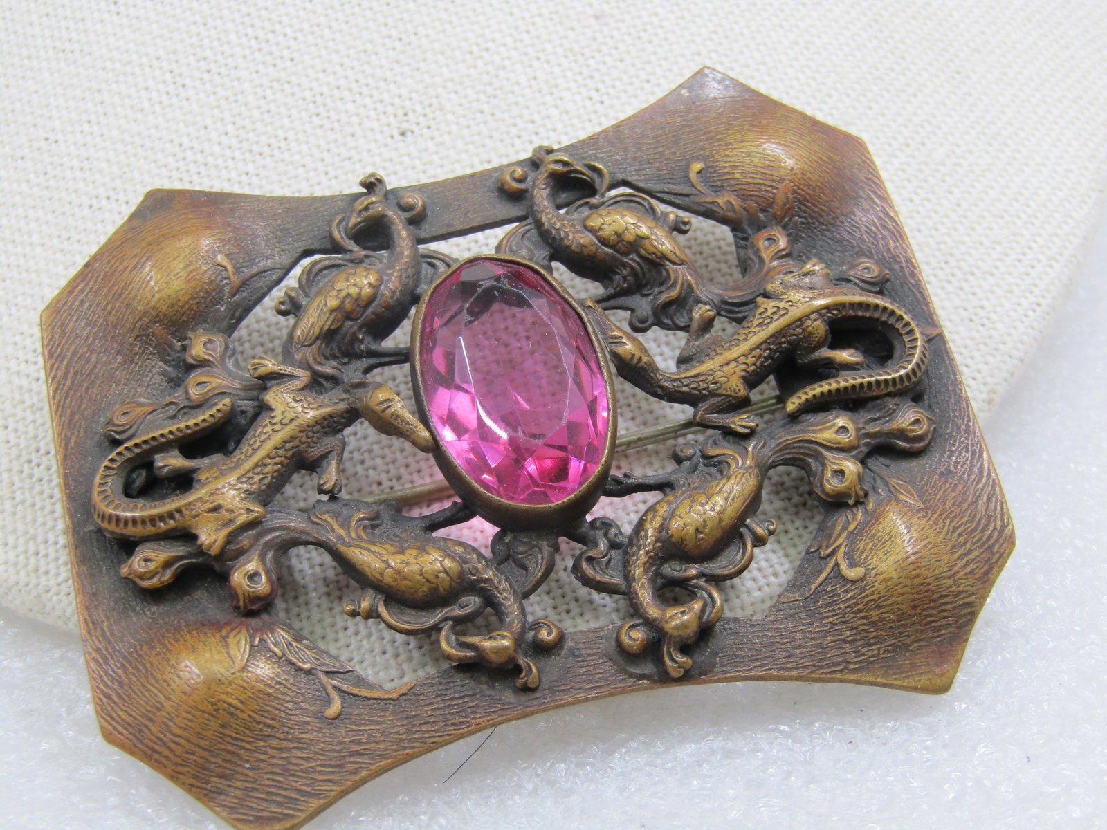 Art Nouveau Repousse Peacock Alligator Czech Glass Brooch, 3" - 2