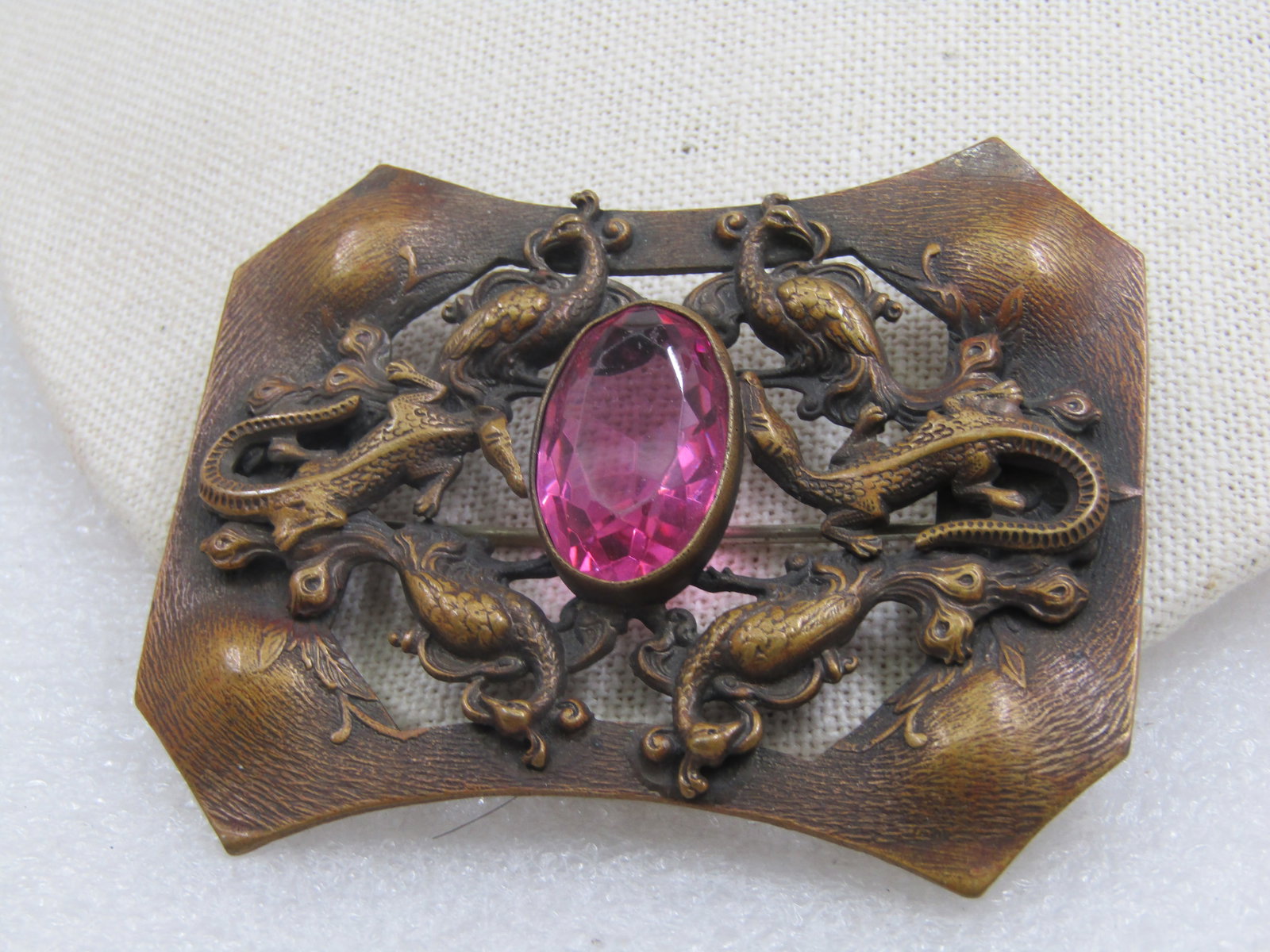 Art Nouveau Repousse Peacock Alligator Czech Glass Brooch, 3" - 3