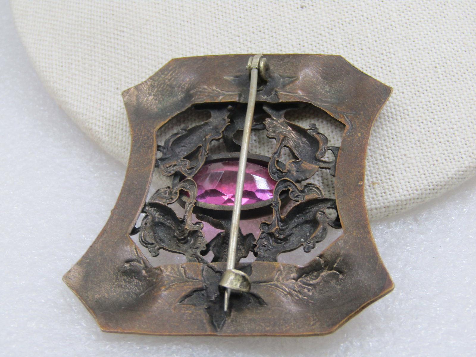 Art Nouveau Repousse Peacock Alligator Czech Glass Brooch, 3" - 4