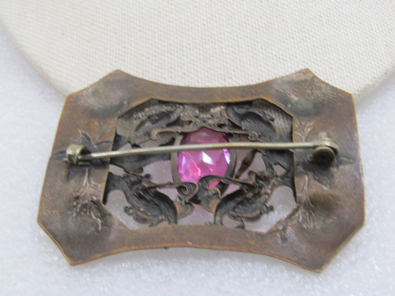 Art Nouveau Repousse Peacock Alligator Czech Glass Brooch, 3" - 5