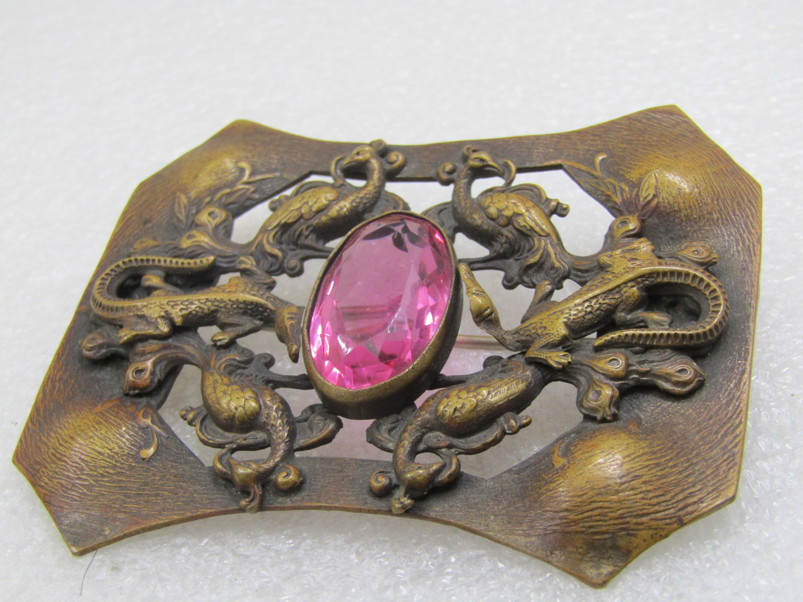 Art Nouveau Repousse Peacock Alligator Czech Glass Brooch, 3" - 6