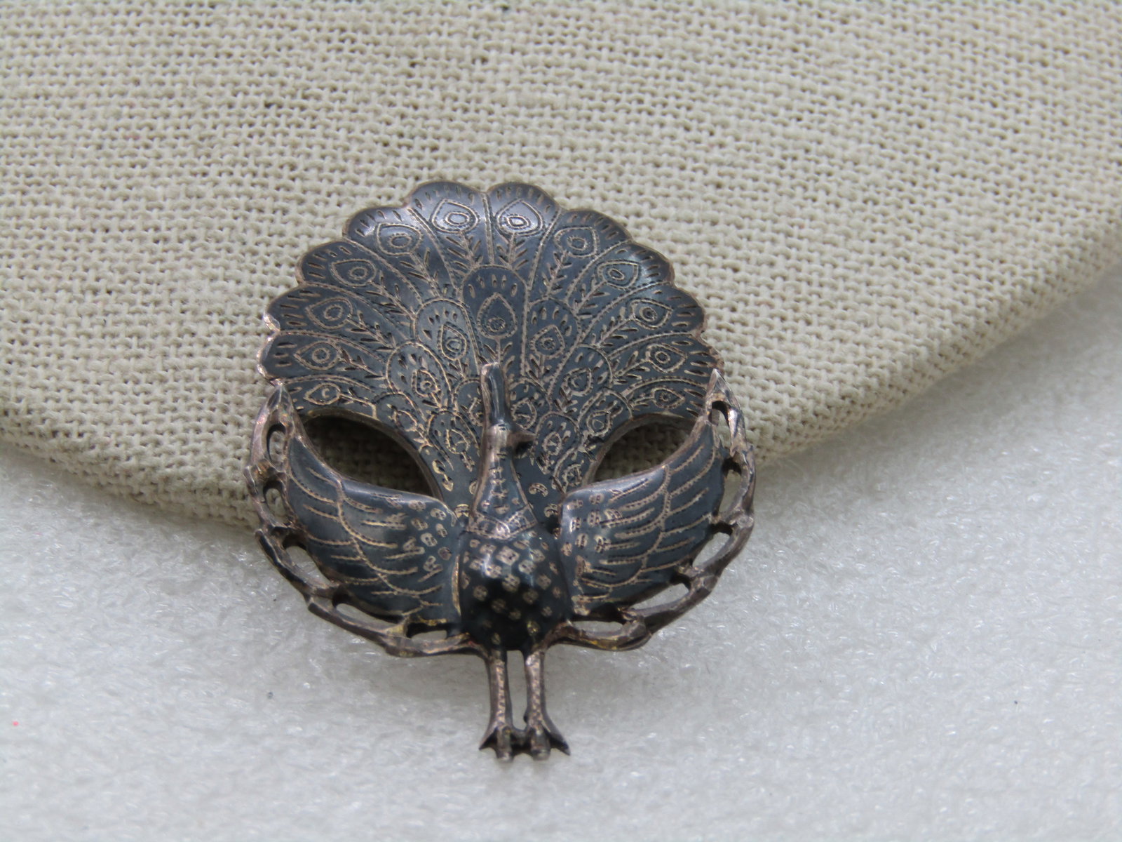 Vintage Sterling Siam Peacock Hinged Brooch, 1940's-1950's, 2": Vintage Sterling Siam Peacock Hinged Brooch, 1940's-1950's, 2" tall and 1/25" wide. This is a two-piece brooch - the body of the peachock with wings stretched out and feet with it's little feet