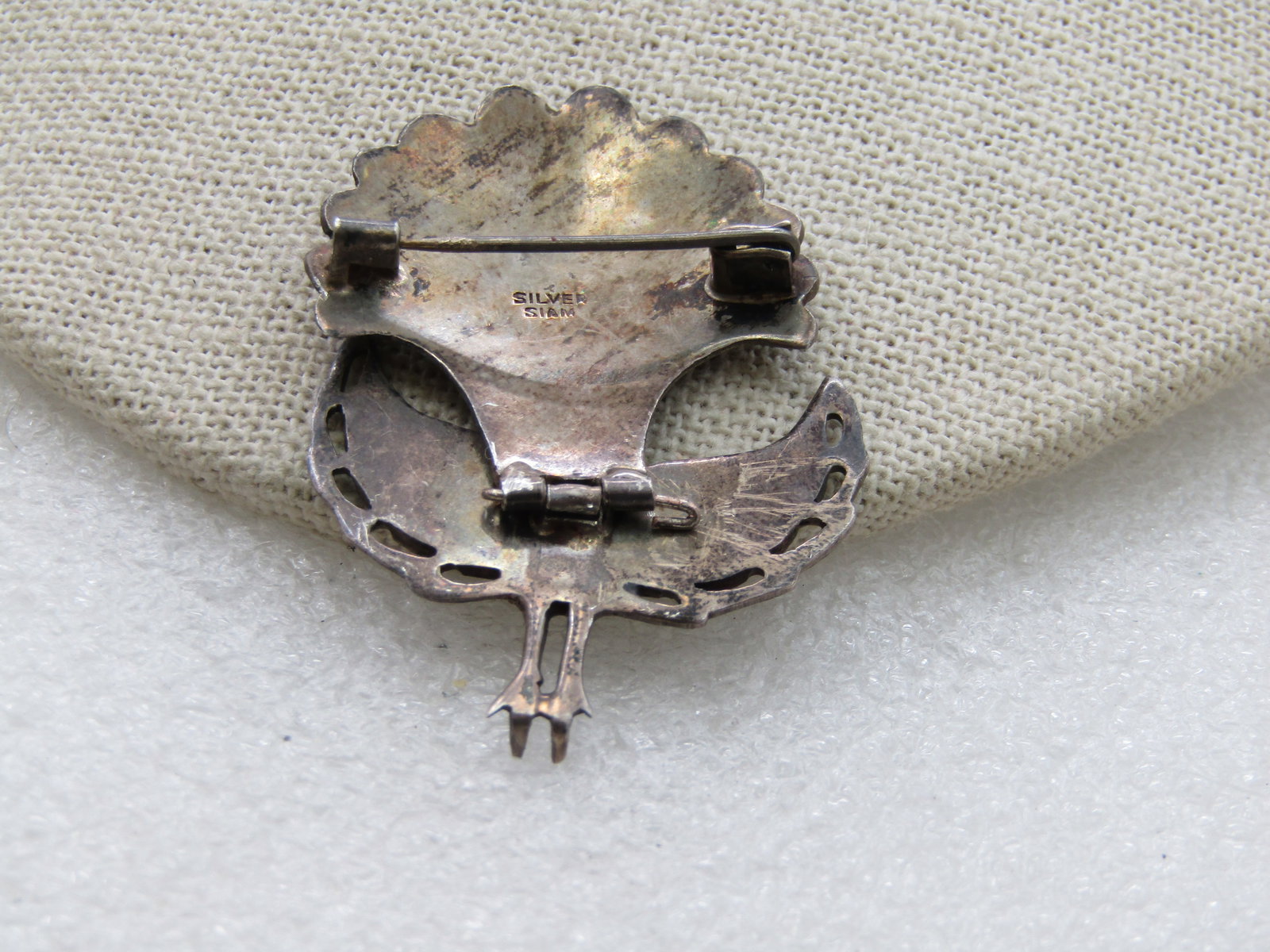 Vintage Sterling Siam Peacock Hinged Brooch, 1940's-1950's, 2" - 6