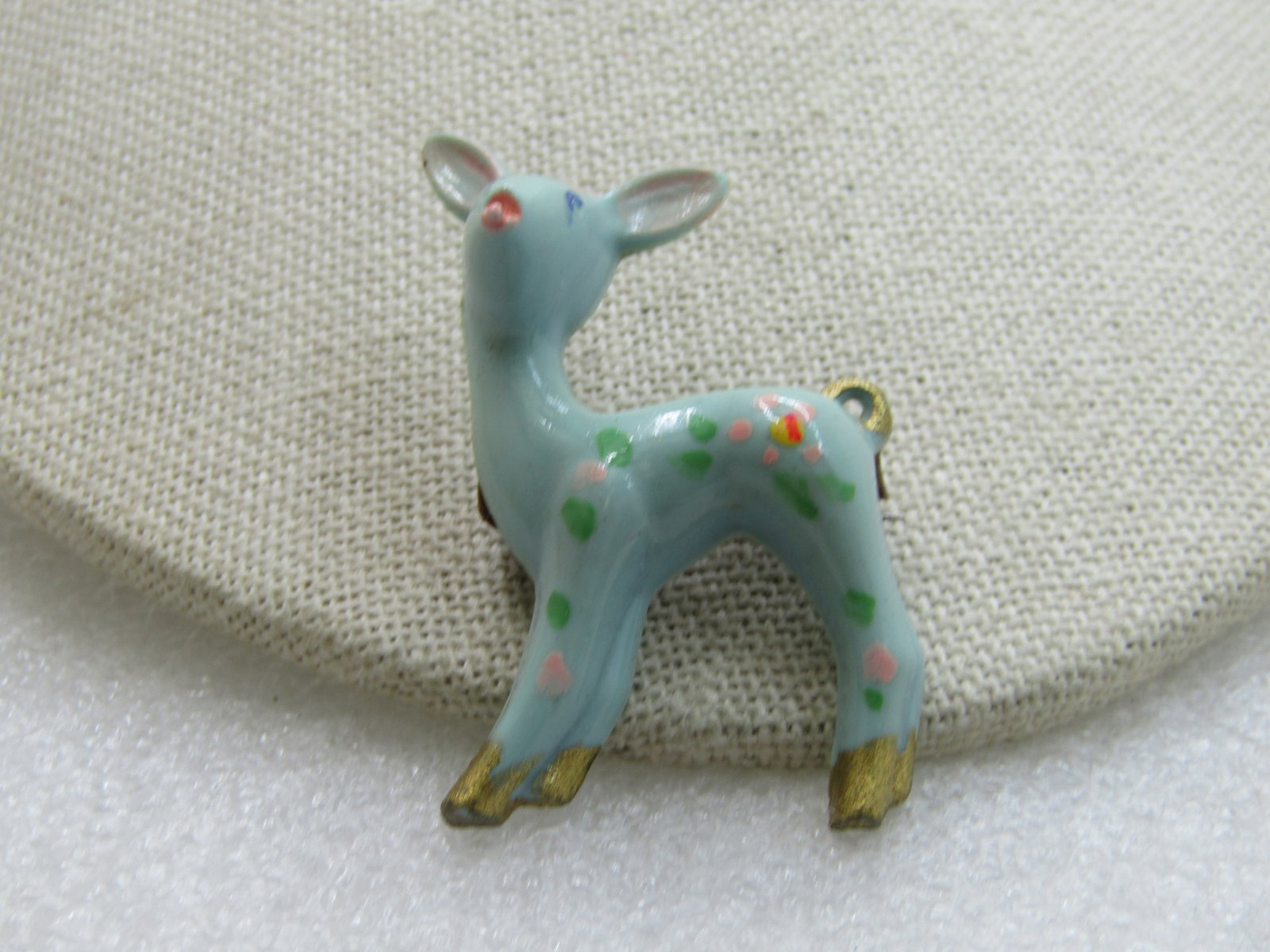 Vintage Blue Arylic & Painted Fawn/Deer Brooch, 1950's-1960's: Vintage Blue Arylic & Painted Fawn/Deer Brooch, 1950's-1960's, 1.75" by 1" - blue acryilc fawn with painted details and flowers with gold tail and hooves. Not signed by the maker. Good to very good