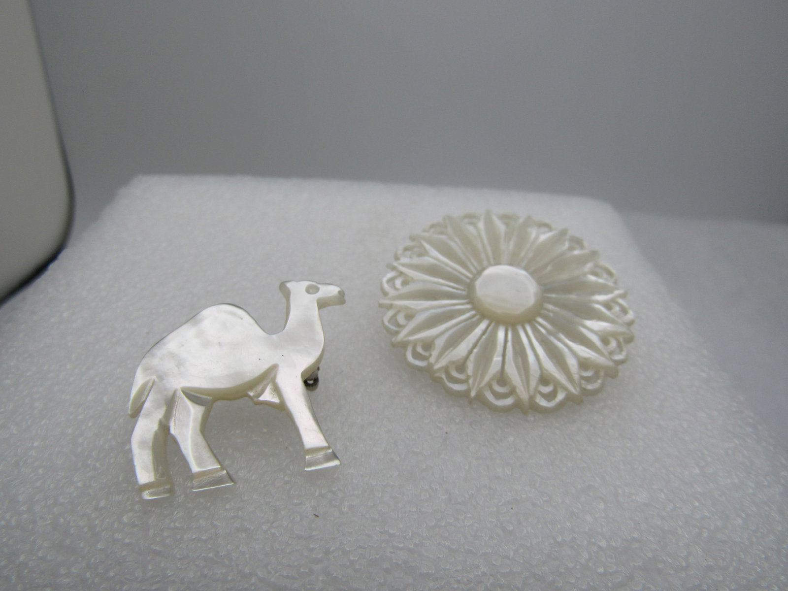 Vintage Pair Carved Camel & Blossom Brooches, Mother-of-Pearl, 1960's-1970's (1 of 4)