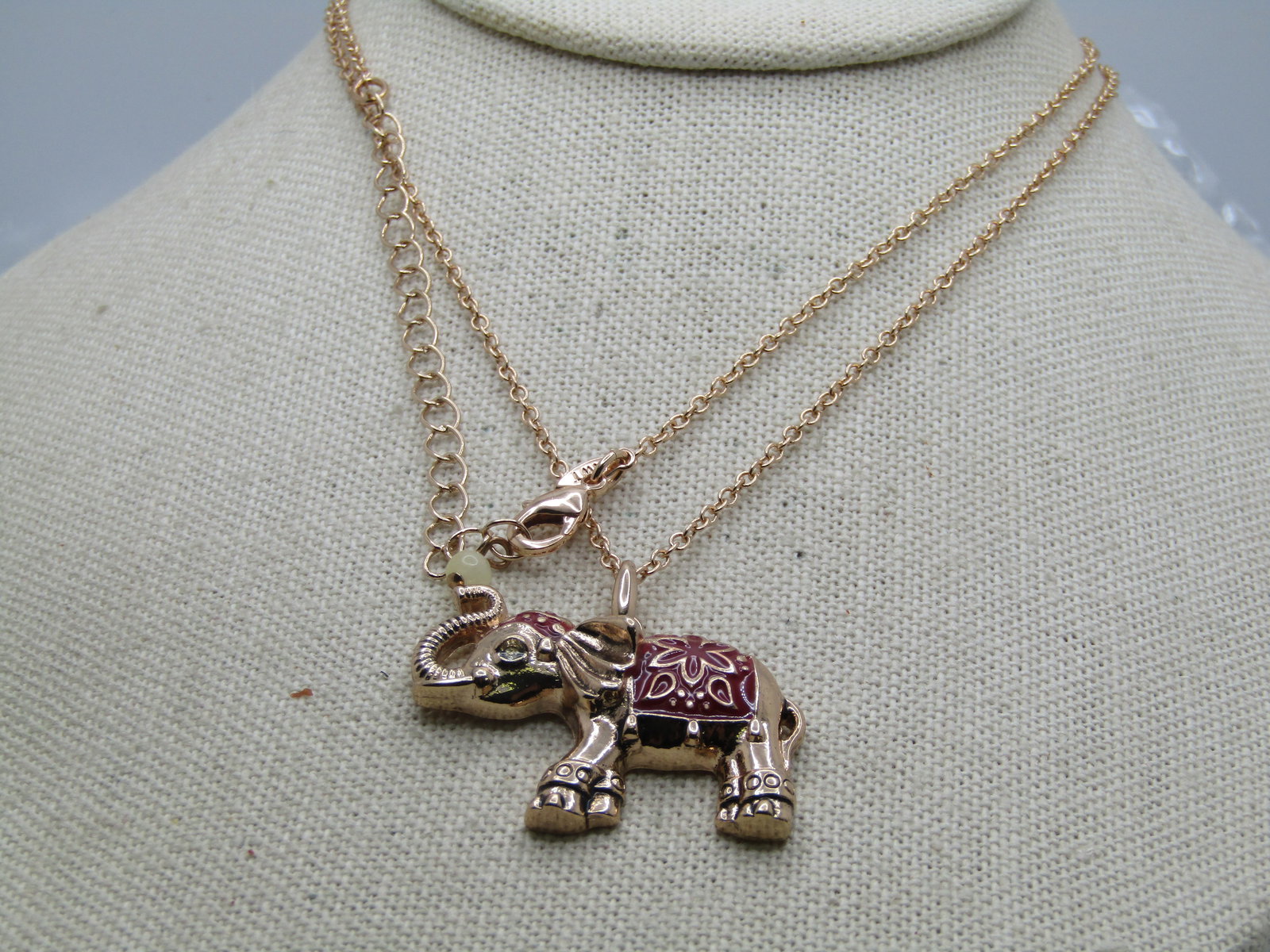 Rose Tone Enameled Elephant Necklace, 30", signed. - 2