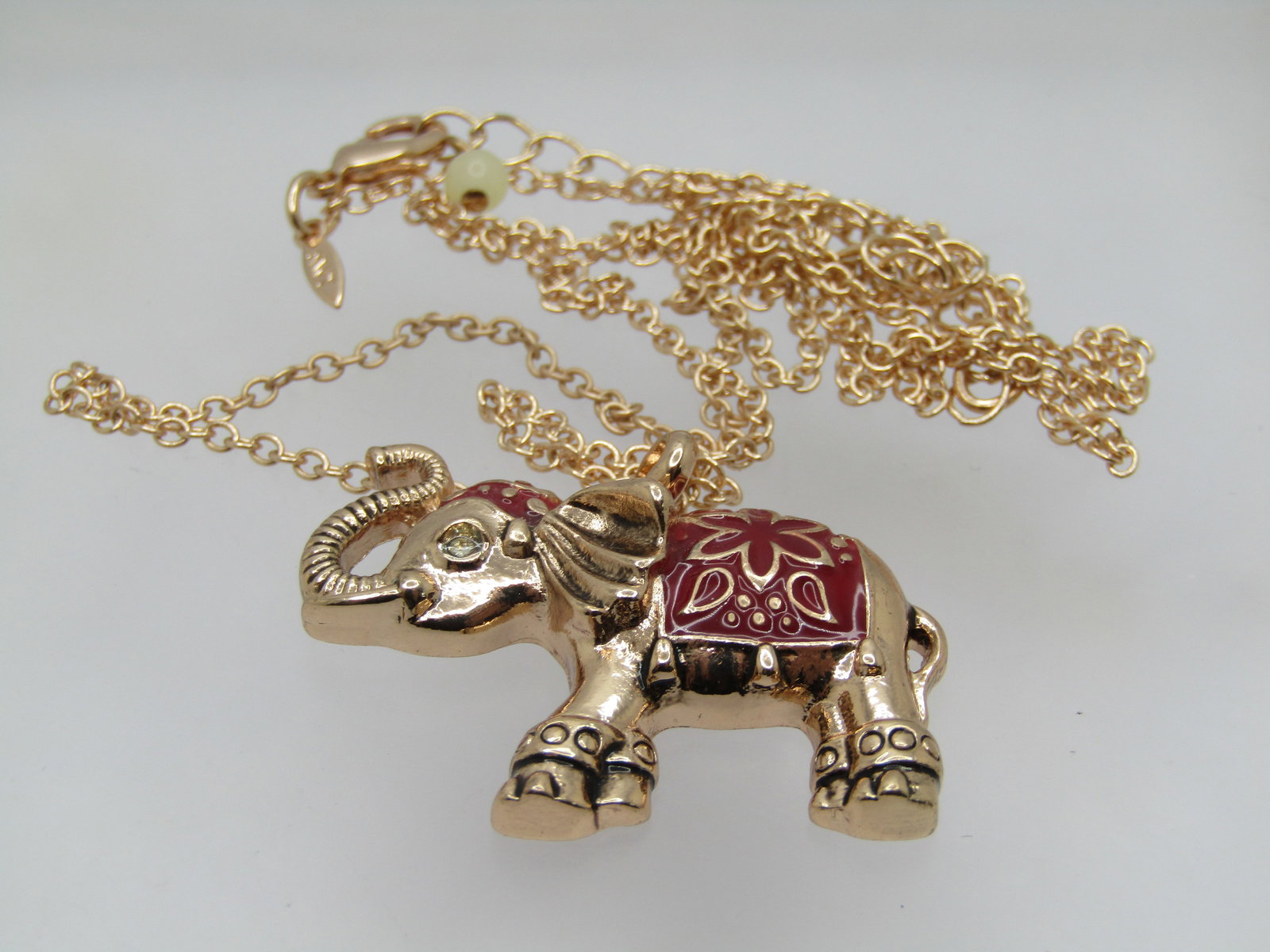 Rose Tone Enameled Elephant Necklace, 30", signed. - 4