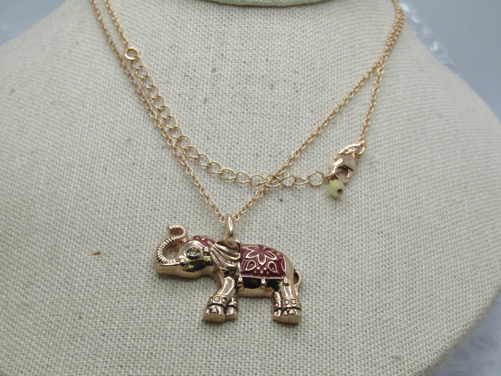 Rose Tone Enameled Elephant Necklace, 30", signed. - 5