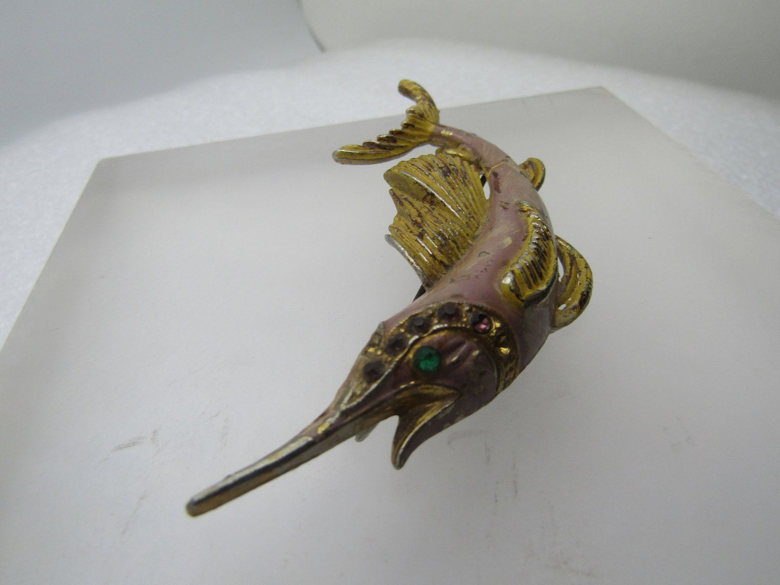 Vintage Enameled Marlin/Sail FIsh Brooch, Rhinestones, 1940's-1950's - 3