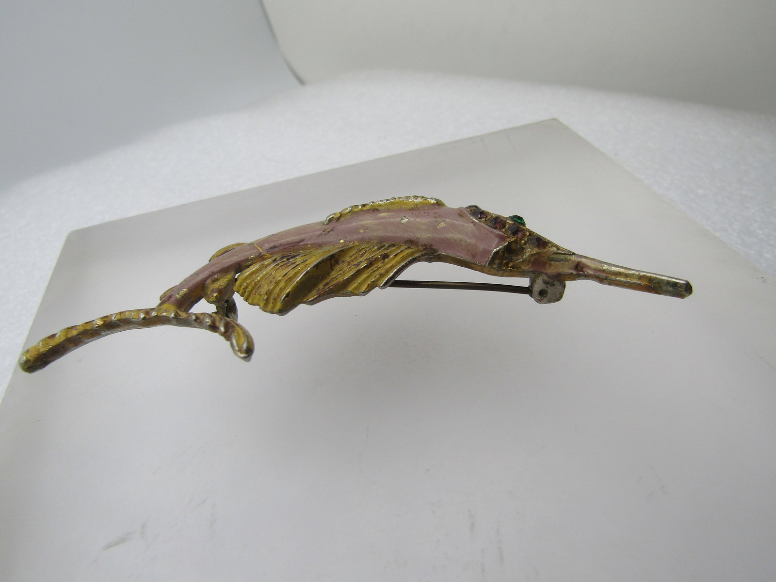 Vintage Enameled Marlin/Sail FIsh Brooch, Rhinestones, 1940's-1950's - 4