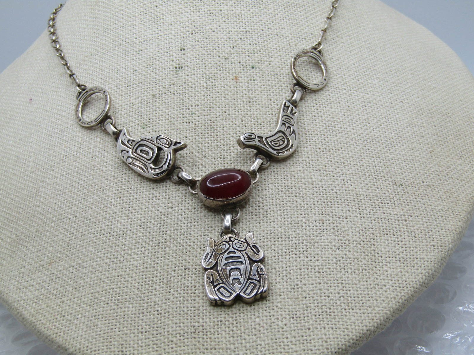 Vintage Sterling Tribal Carnelian Frog/Bird Necklace, Lavalier, 20" , Carol Felley - 2