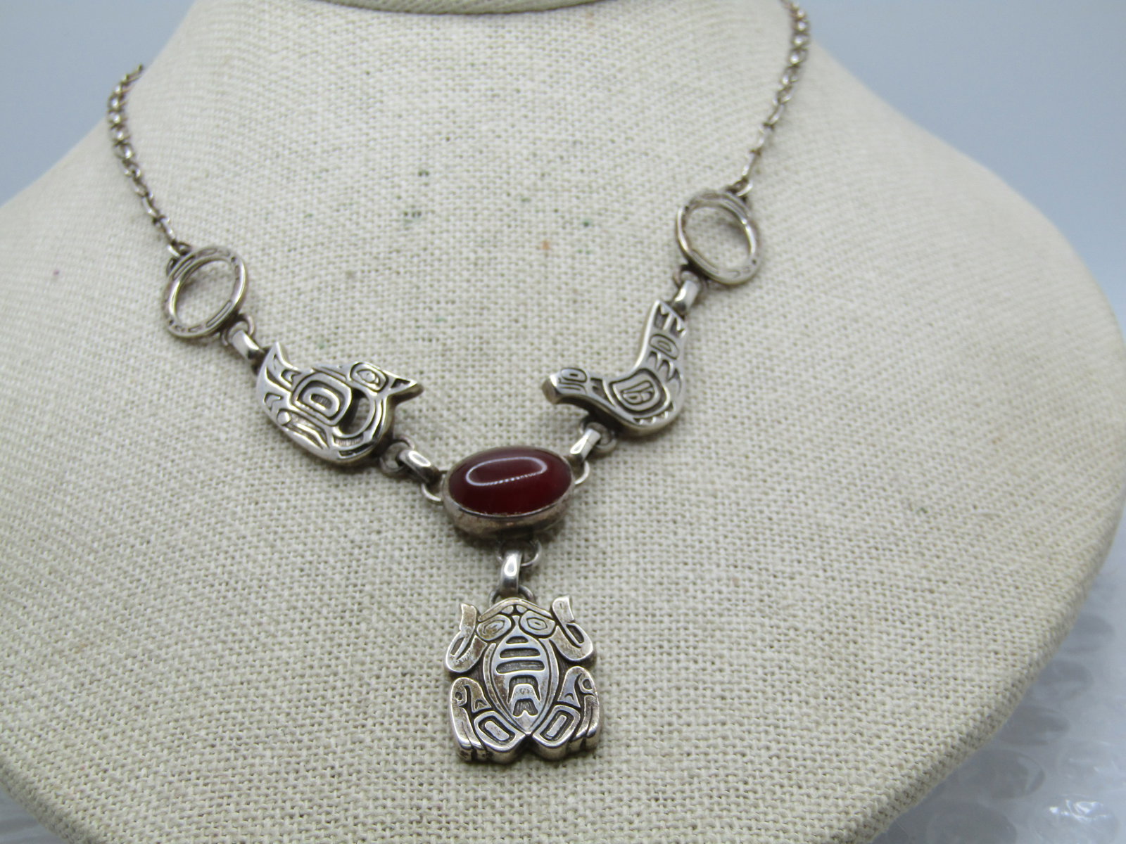Vintage Sterling Tribal Carnelian Frog/Bird Necklace, Lavalier, 20" , Carol Felley - 3