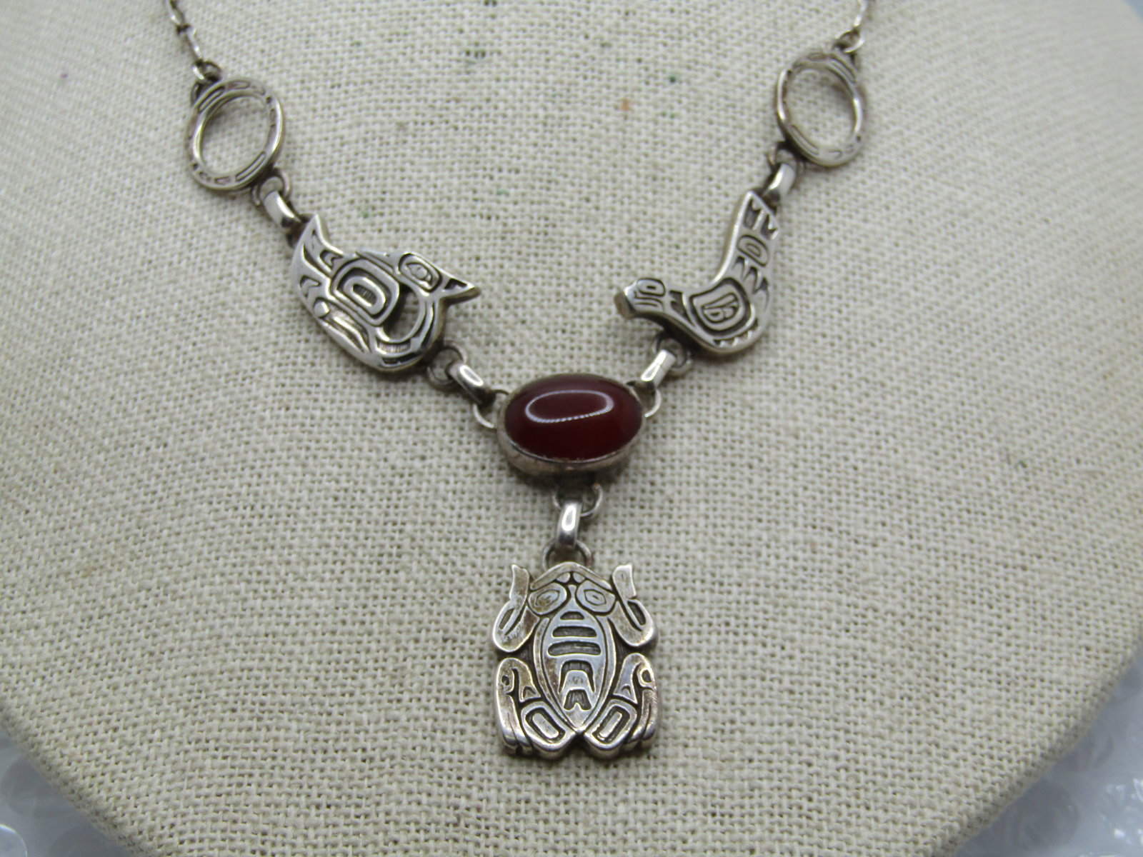 Vintage Sterling Tribal Carnelian Frog/Bird Necklace, Lavalier, 20" , Carol Felley - 4