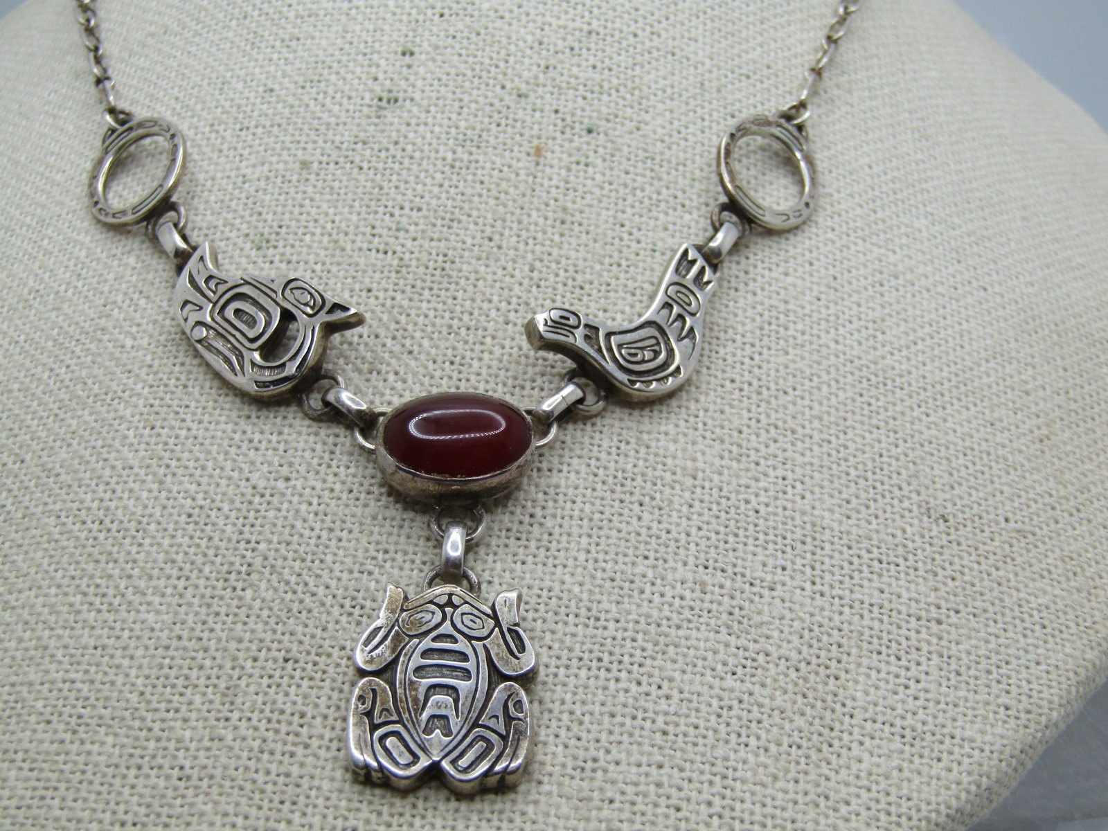 Vintage Sterling Tribal Carnelian Frog/Bird Necklace, Lavalier, 20" , Carol Felley - 6