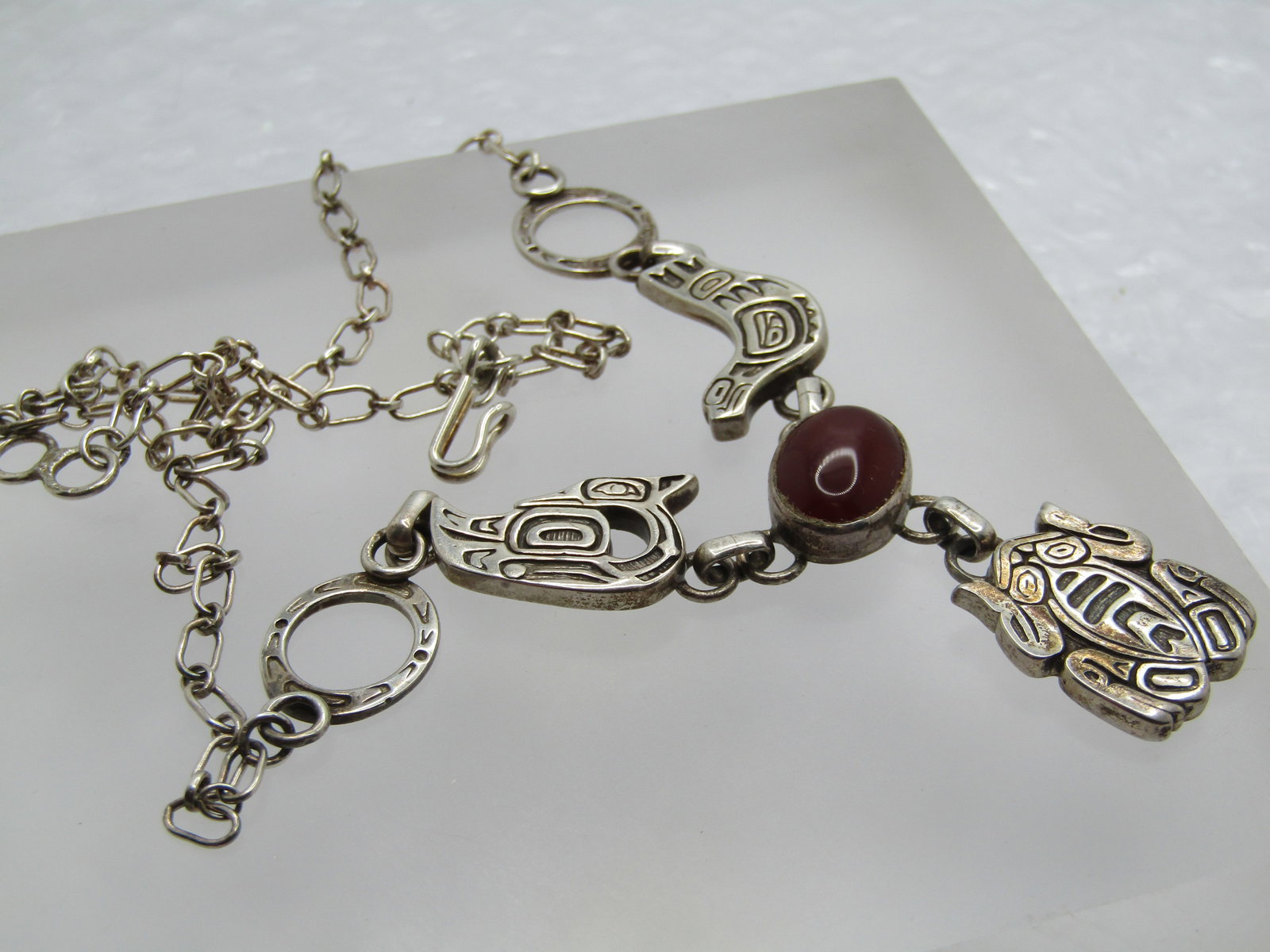 Vintage Sterling Tribal Carnelian Frog/Bird Necklace, Lavalier, 20" , Carol Felley - 9