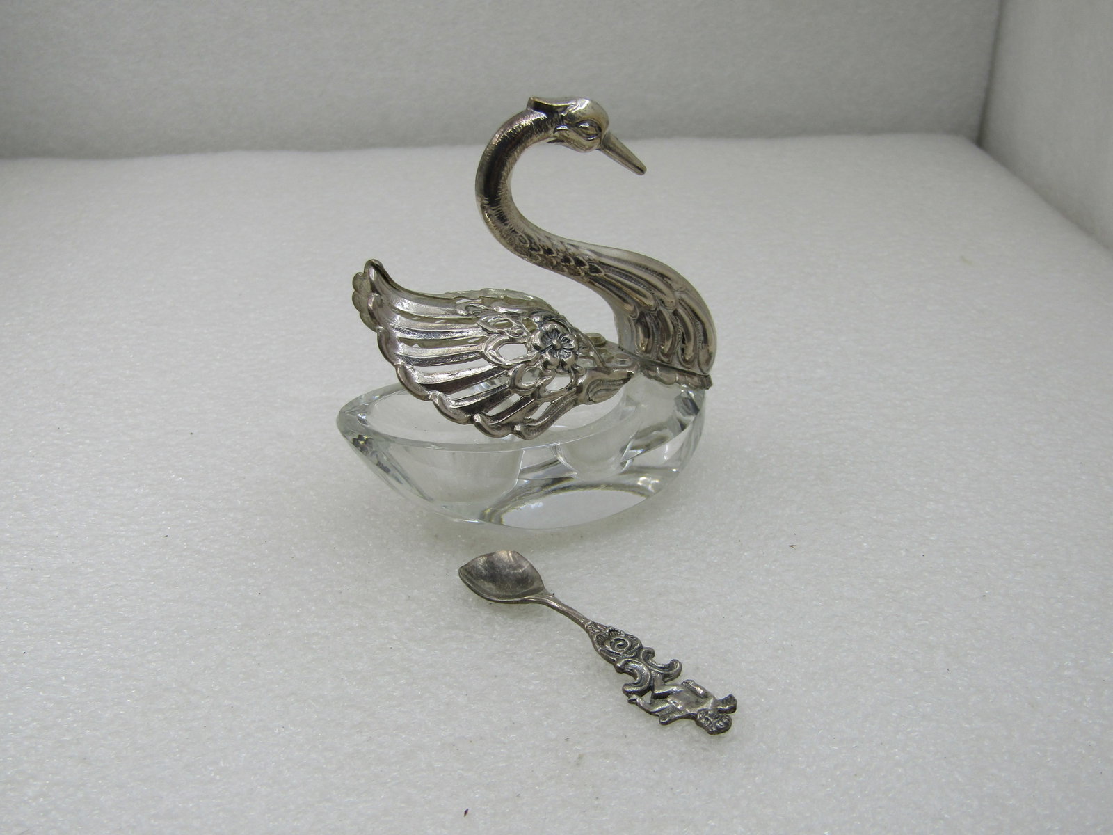 Vintage .835 Silver & Glass Swan Salt Cellar with Spoon Signed Albo (1 of 8)