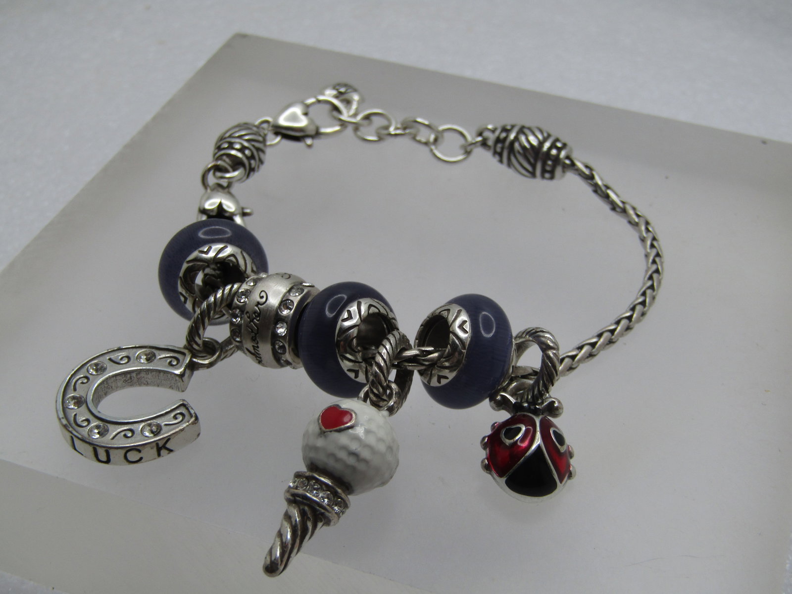 Vintage Brighton Slide Charm Bracelet, 8", Grandmother Golf Ball on tee, Purple Glass, Lucky - 5