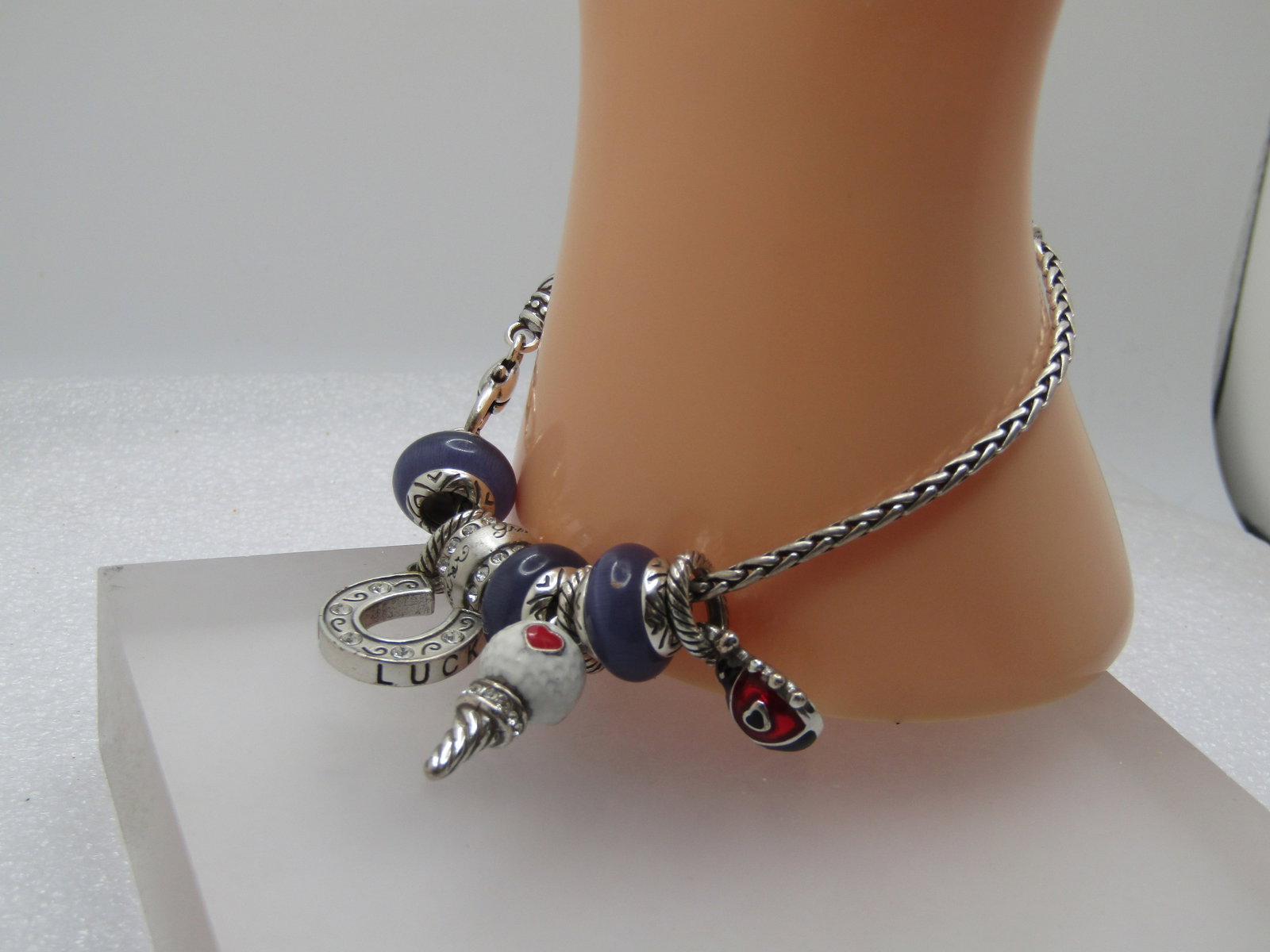 Vintage Brighton Slide Charm Bracelet, 8", Grandmother Golf Ball on tee, Purple Glass, Lucky - 6