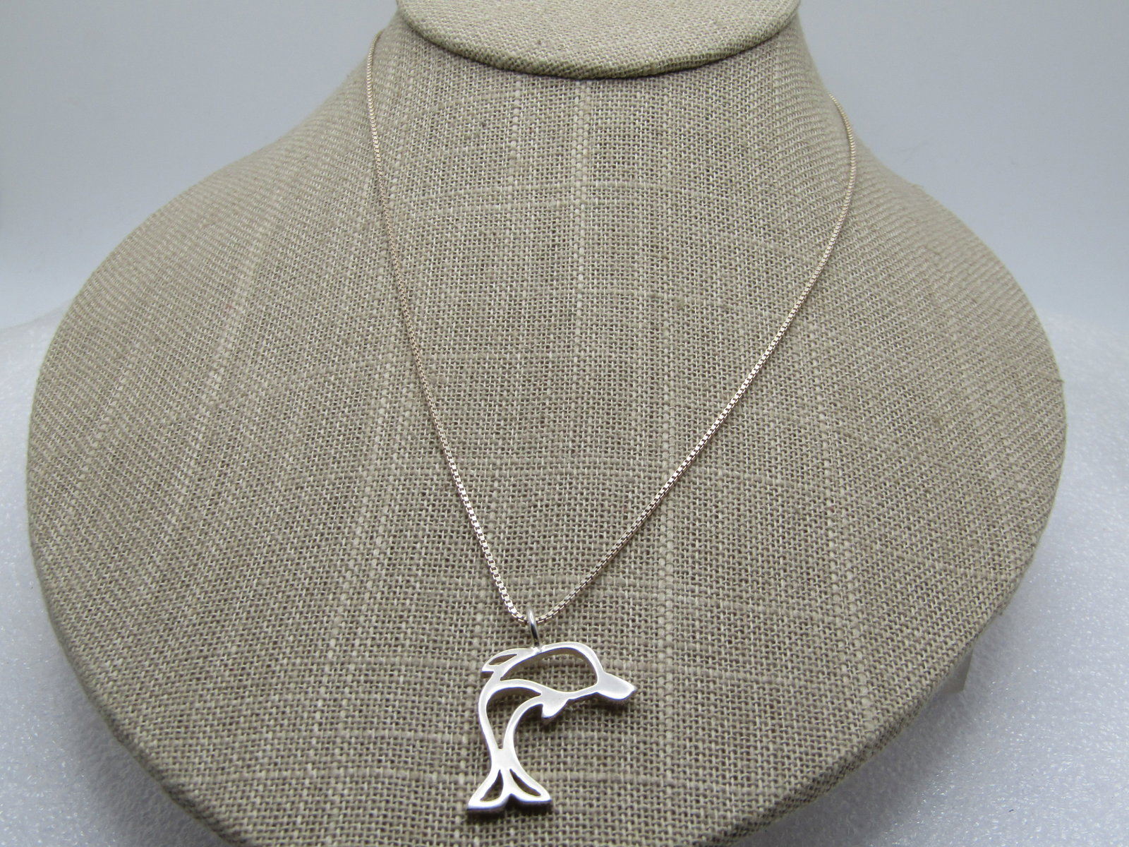 Vintage Sterling Dolphin Necklace, 17", 1980's-1990's, Signed: Vintage Sterling Dolphin Necklace, 17", 1980's-1990's, Signed M, marked .925 and Italy. The chain is a 17" , 1mm box chain with spring clasp. It and the pendant test as sterling with a combined