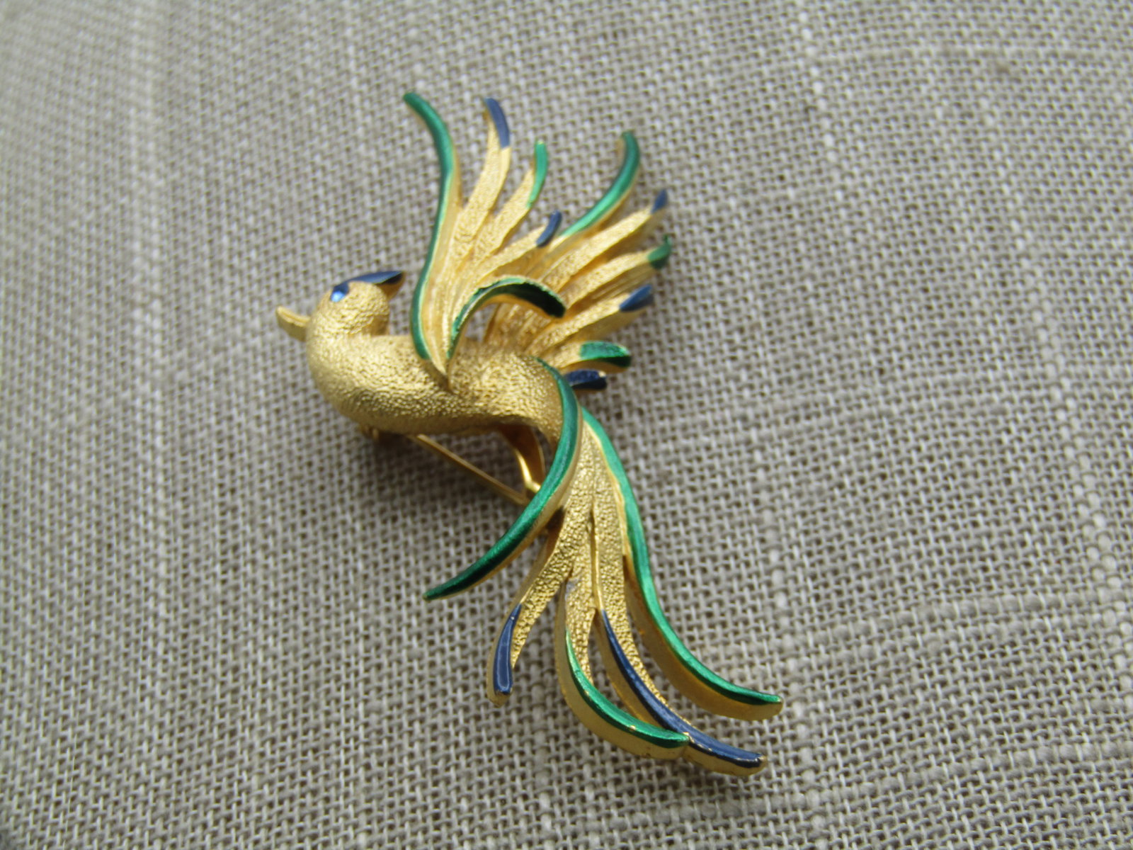 Vintage Long Tailed Bird Brooch, 2.5", Enameled, Rhinestone Eye, 1970's-1980's - 2