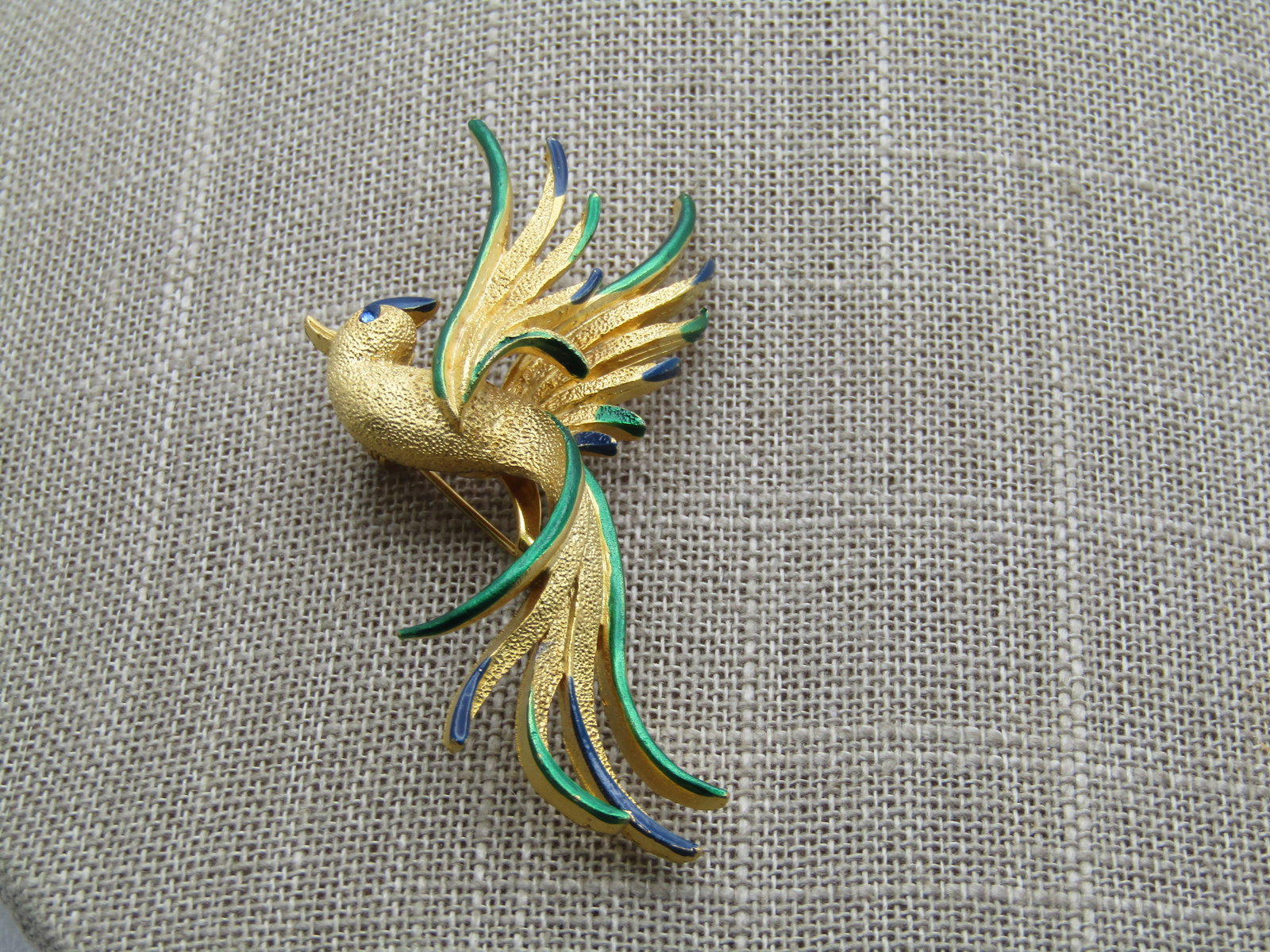 Vintage Long Tailed Bird Brooch, 2.5", Enameled, Rhinestone Eye, 1970's-1980's - 3