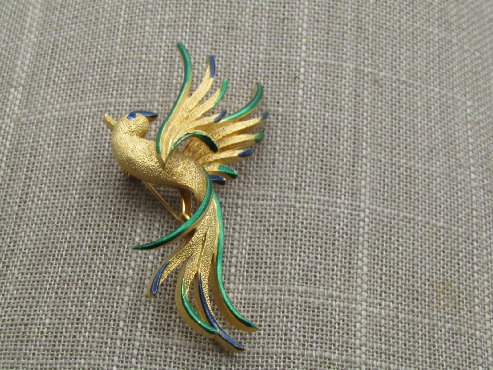 Vintage Long Tailed Bird Brooch, 2.5", Enameled, Rhinestone Eye, 1970's-1980's - 5