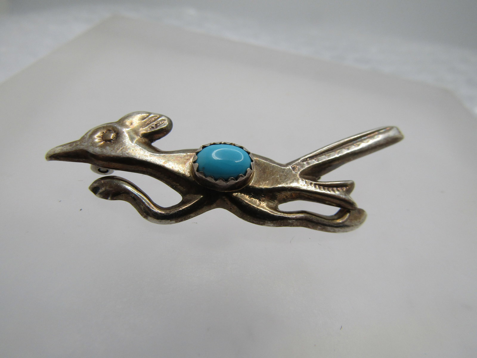 Vintage Sterling Southwestern Turquoise Roadrunner Brooch, 1960's-1970's. 2" - 3
