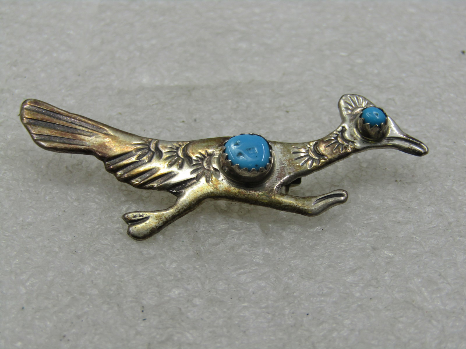 Vintage Sterling Southwestern Turquoise Roadrunner Brooch, 2.5" - 3