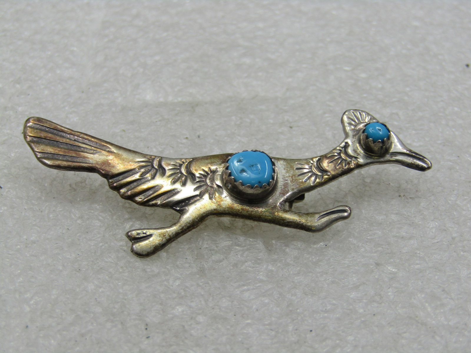 Vintage Sterling Southwestern Turquoise Roadrunner Brooch, 2.5" - 4