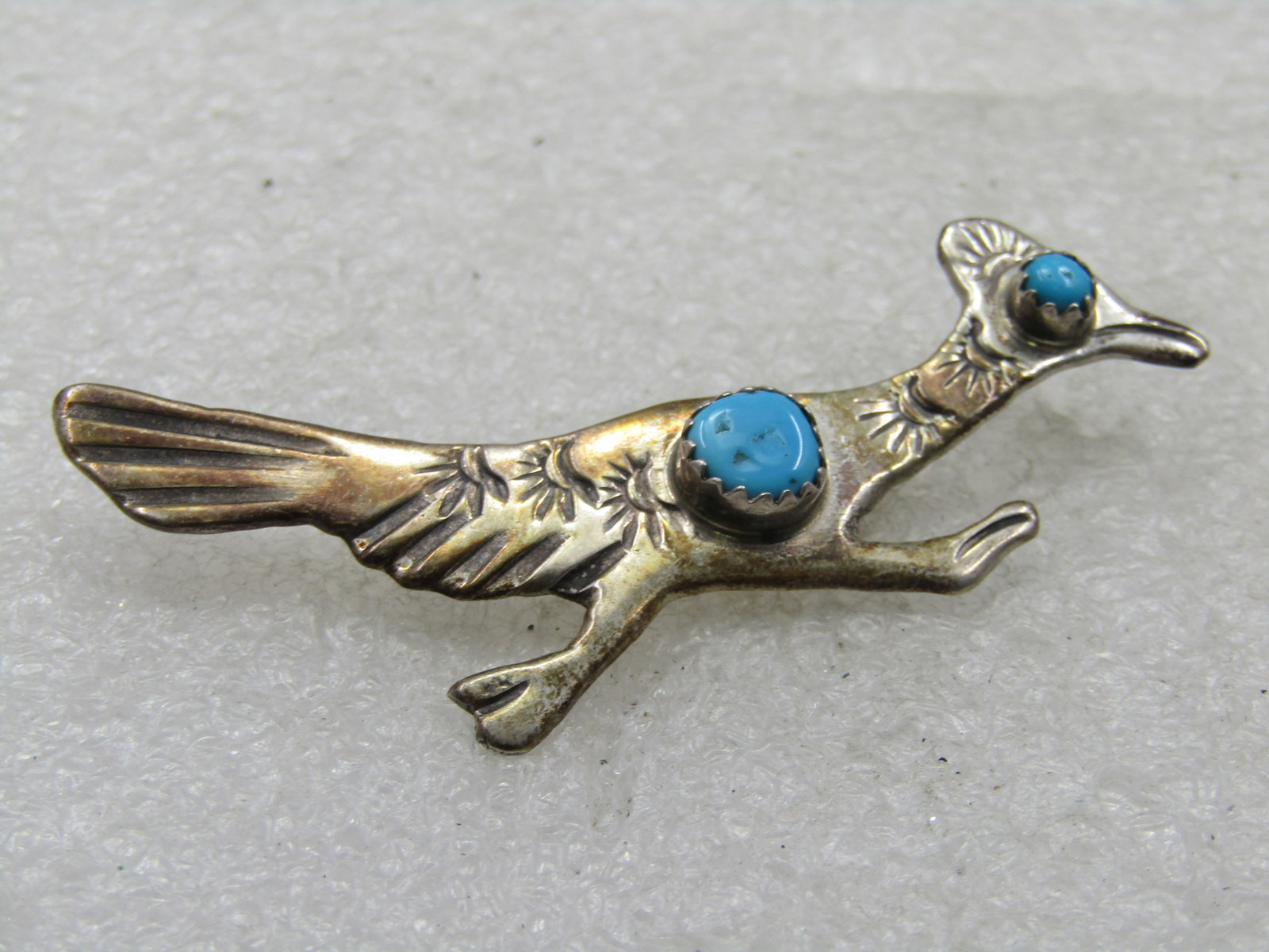 Vintage Sterling Southwestern Turquoise Roadrunner Brooch, 2.5" - 7