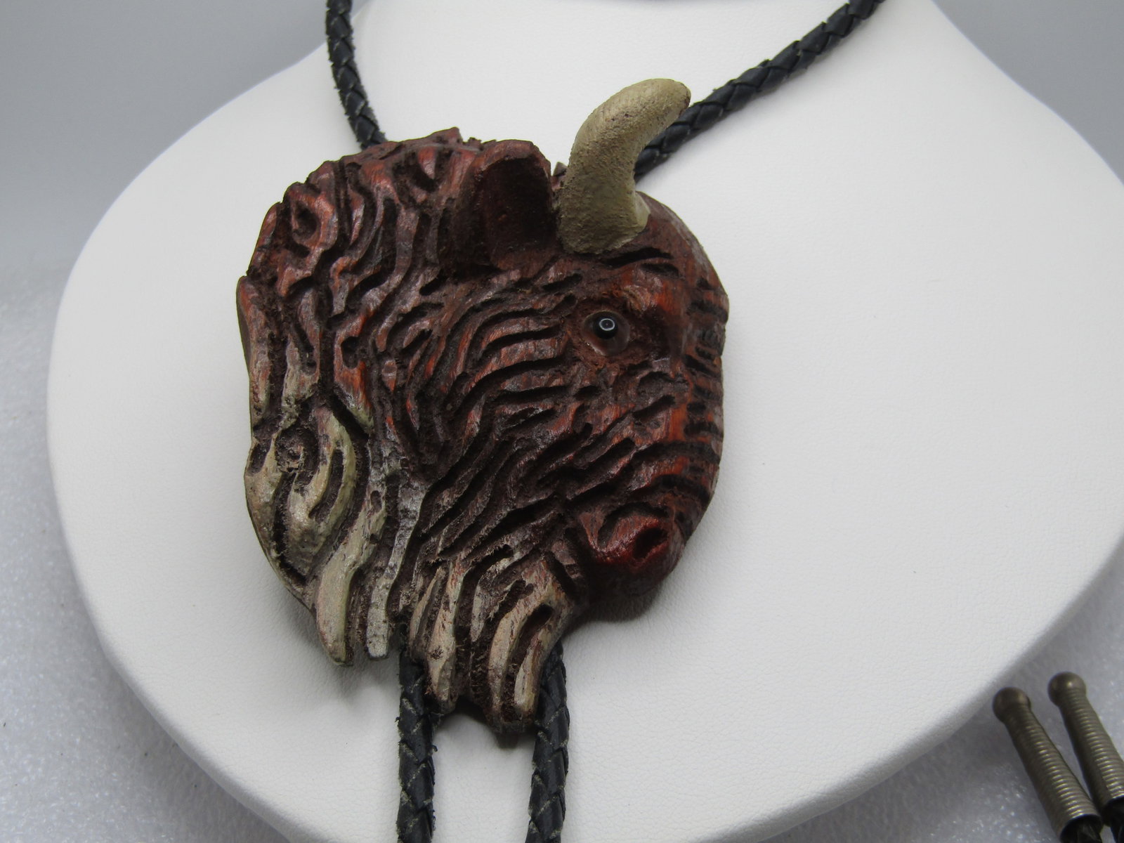 Vintage Carved Buffalo Bolo Tie, 36", Mid-Century, Southwestern - 2