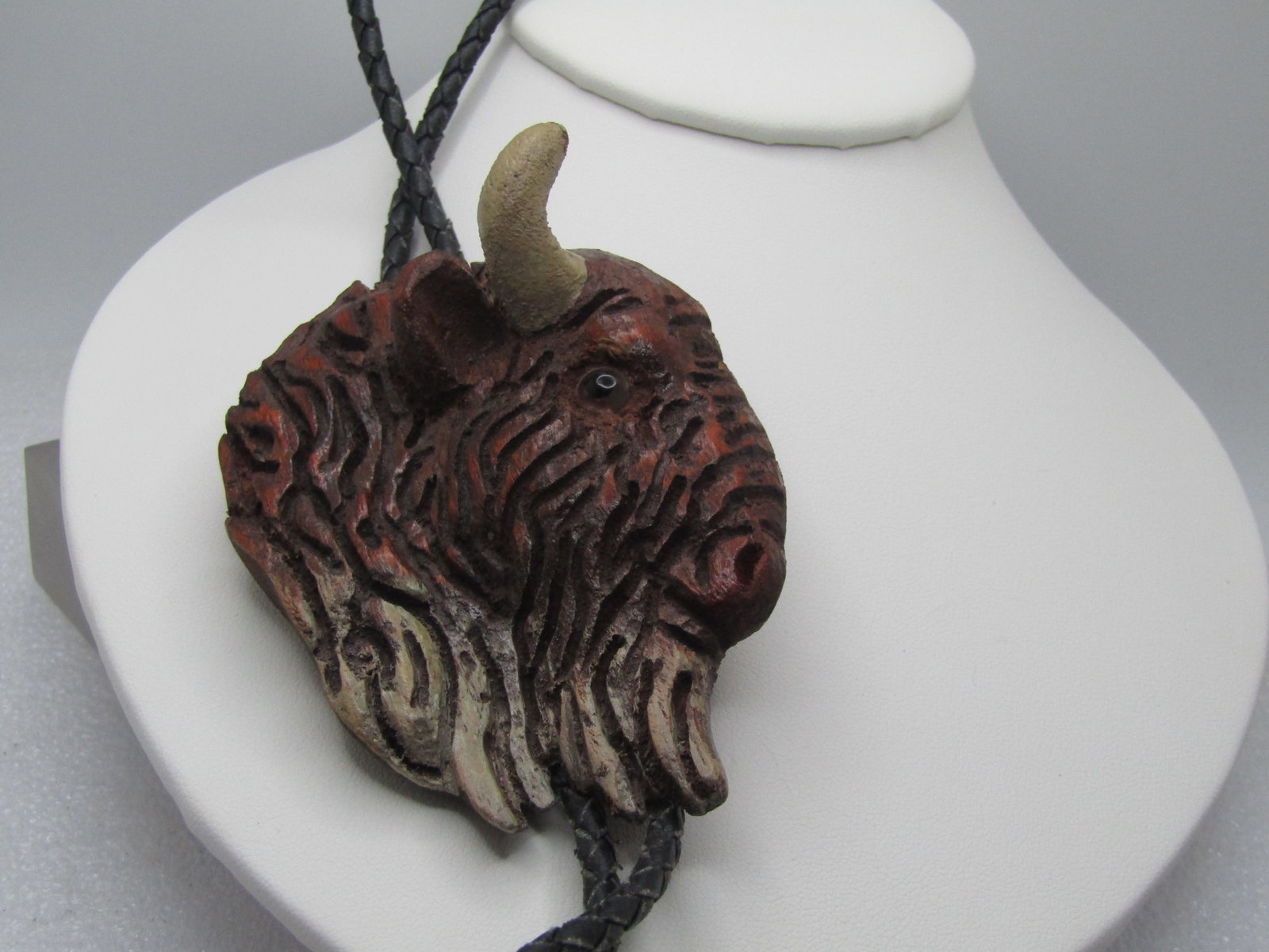 Vintage Carved Buffalo Bolo Tie, 36", Mid-Century, Southwestern - 5