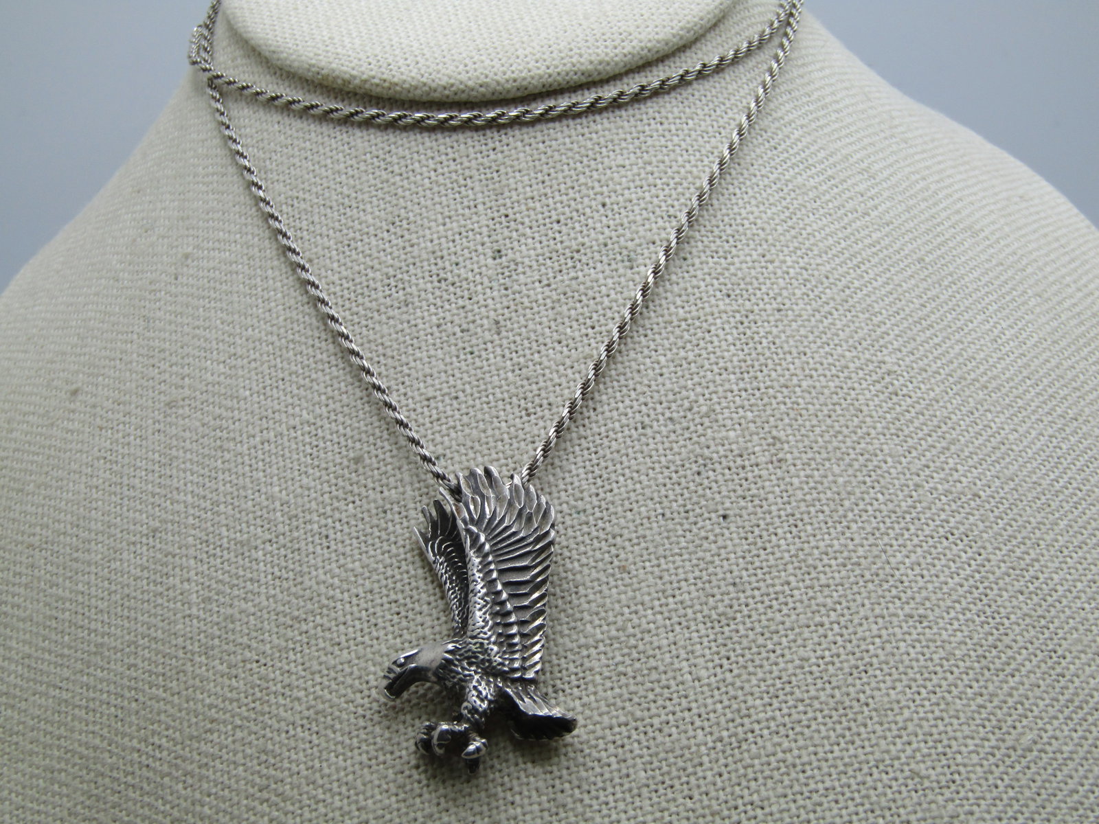 Vintage Sterling Eagle Necklace, Unisex, 24", 1970's, Signed: Vintage Sterling Eagle Necklace, Unisex, 24", 1970's-1980's, Signed with a $ maker's mark. Marked sterling and tests as sterling with an appx. weight of 15.74 gr. The eagle is appx. 1.5" tall and