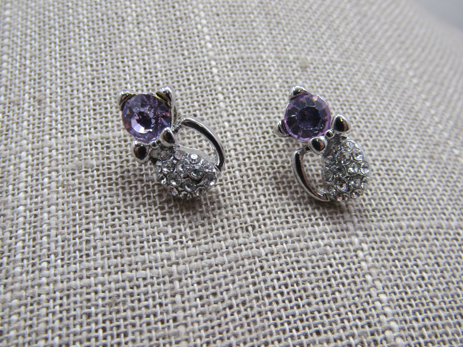 Purple & Clear Rhinestone Cat Pierced Earrings, Silver Tone (1 of 5)