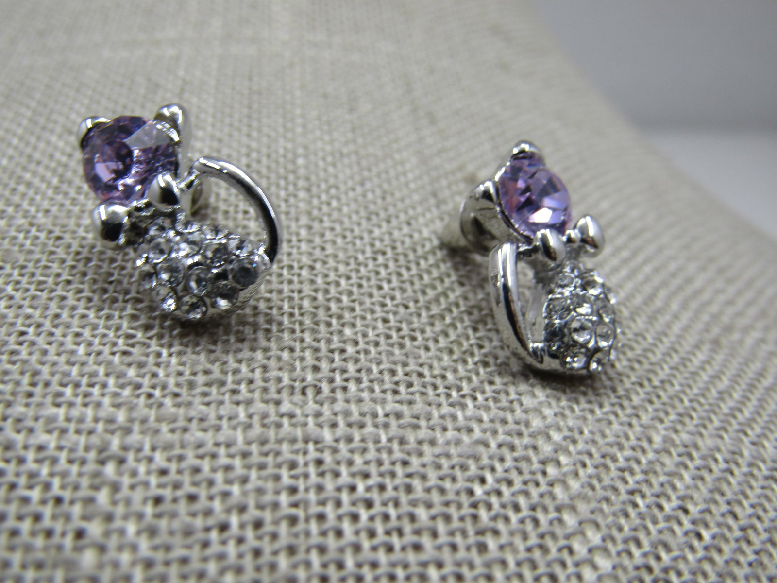 Purple & Clear Rhinestone Cat Pierced Earrings, Silver Tone - 2