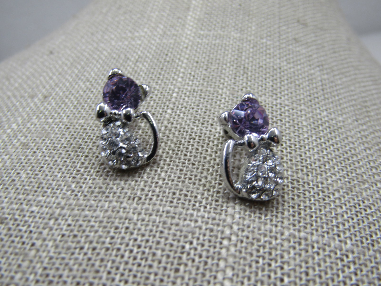 Purple & Clear Rhinestone Cat Pierced Earrings, Silver Tone - 3