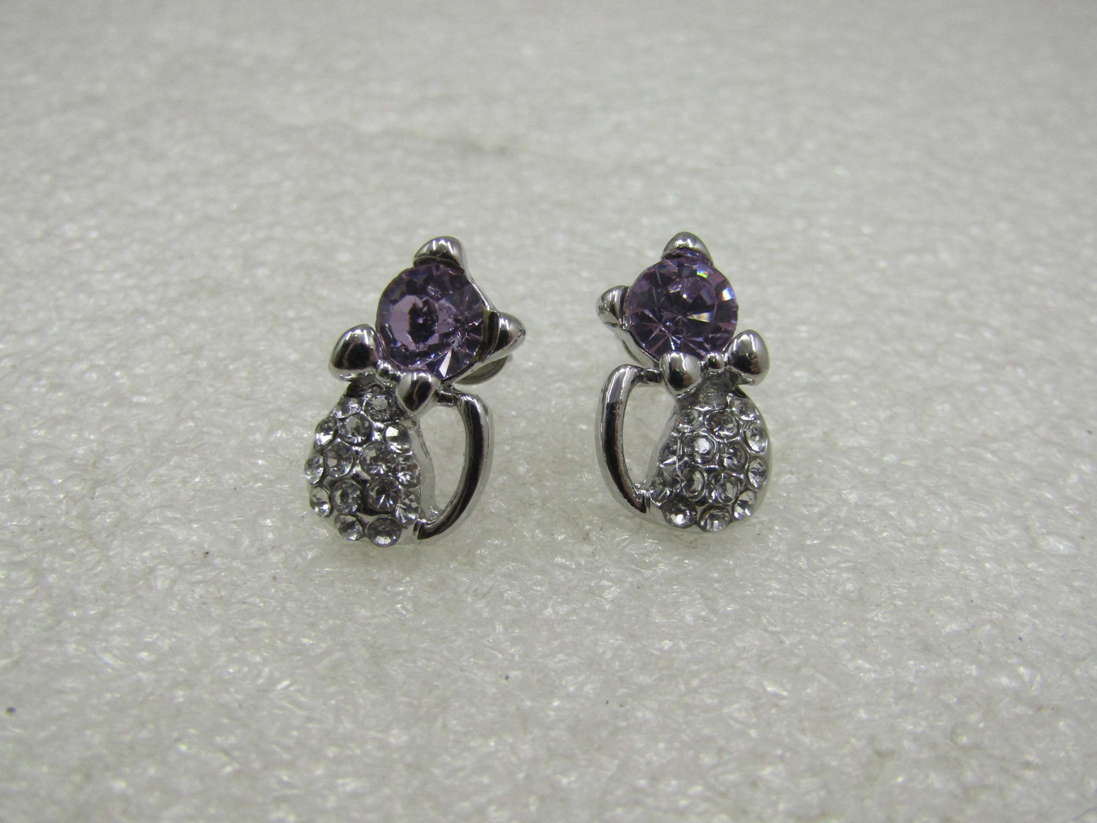Purple & Clear Rhinestone Cat Pierced Earrings, Silver Tone - 4