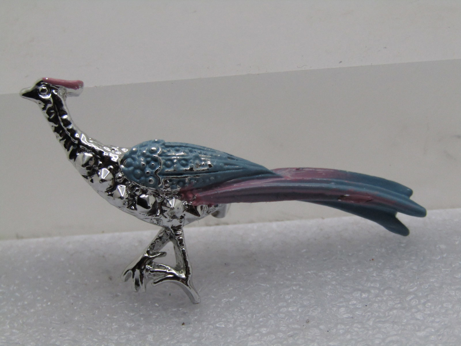 Vintage Enameled Pink Blue Peacock Brooch, 1950's-1960's, Feathers Closed (1 of 4)