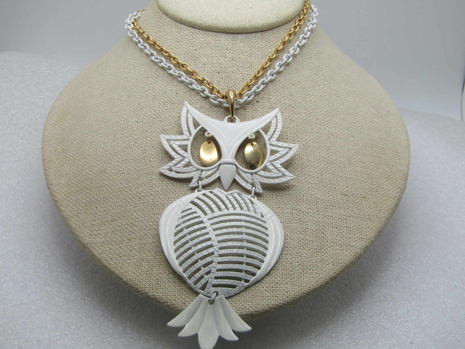 Vintage White Enameled Owl Necklace, Signed Alan, 1960's-1970's, 22", Double Strand (1 of 7)