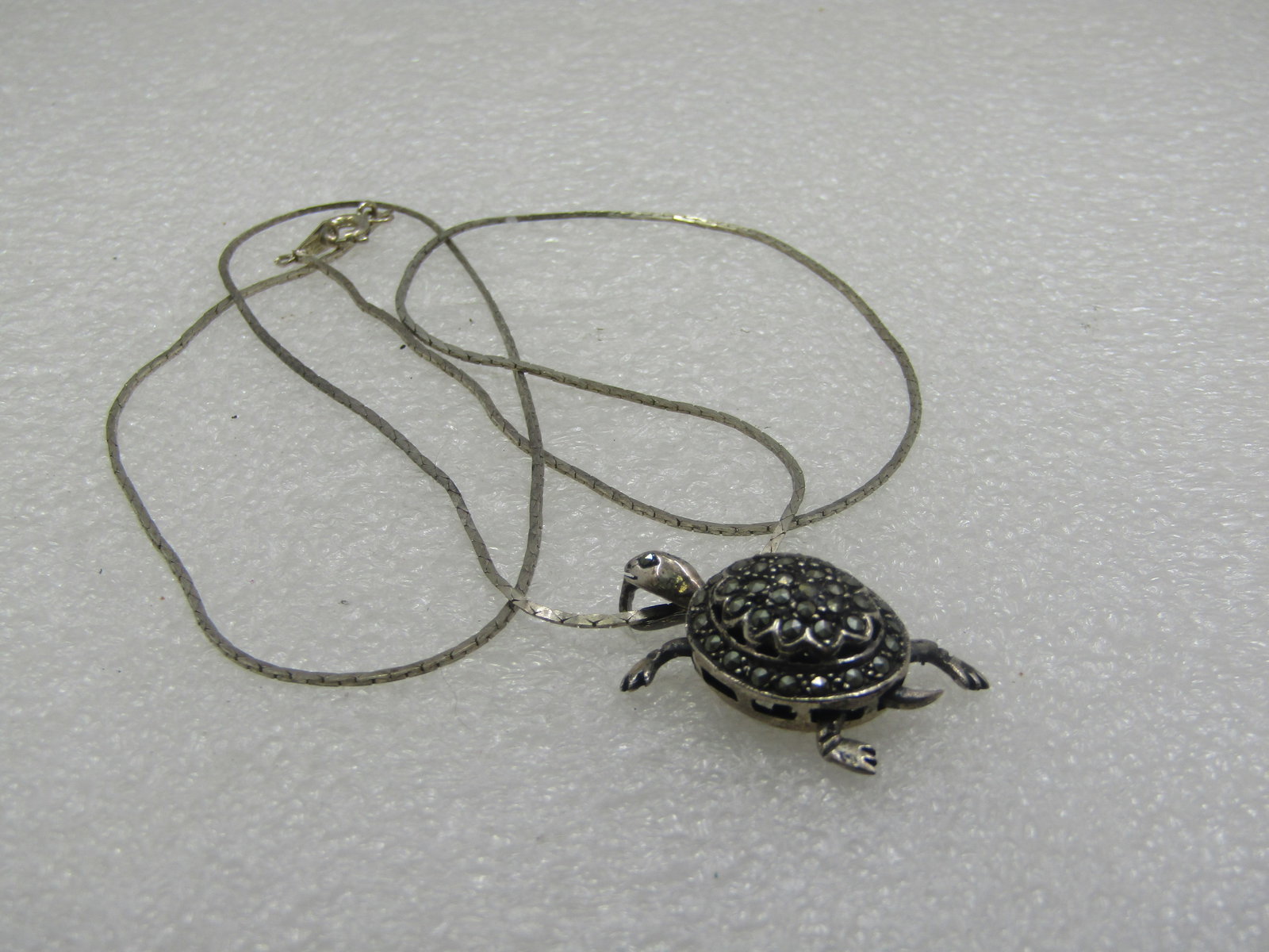 Vintage Sterling Articulated Marcasite Turtle Pendant on 24" Chain - 6