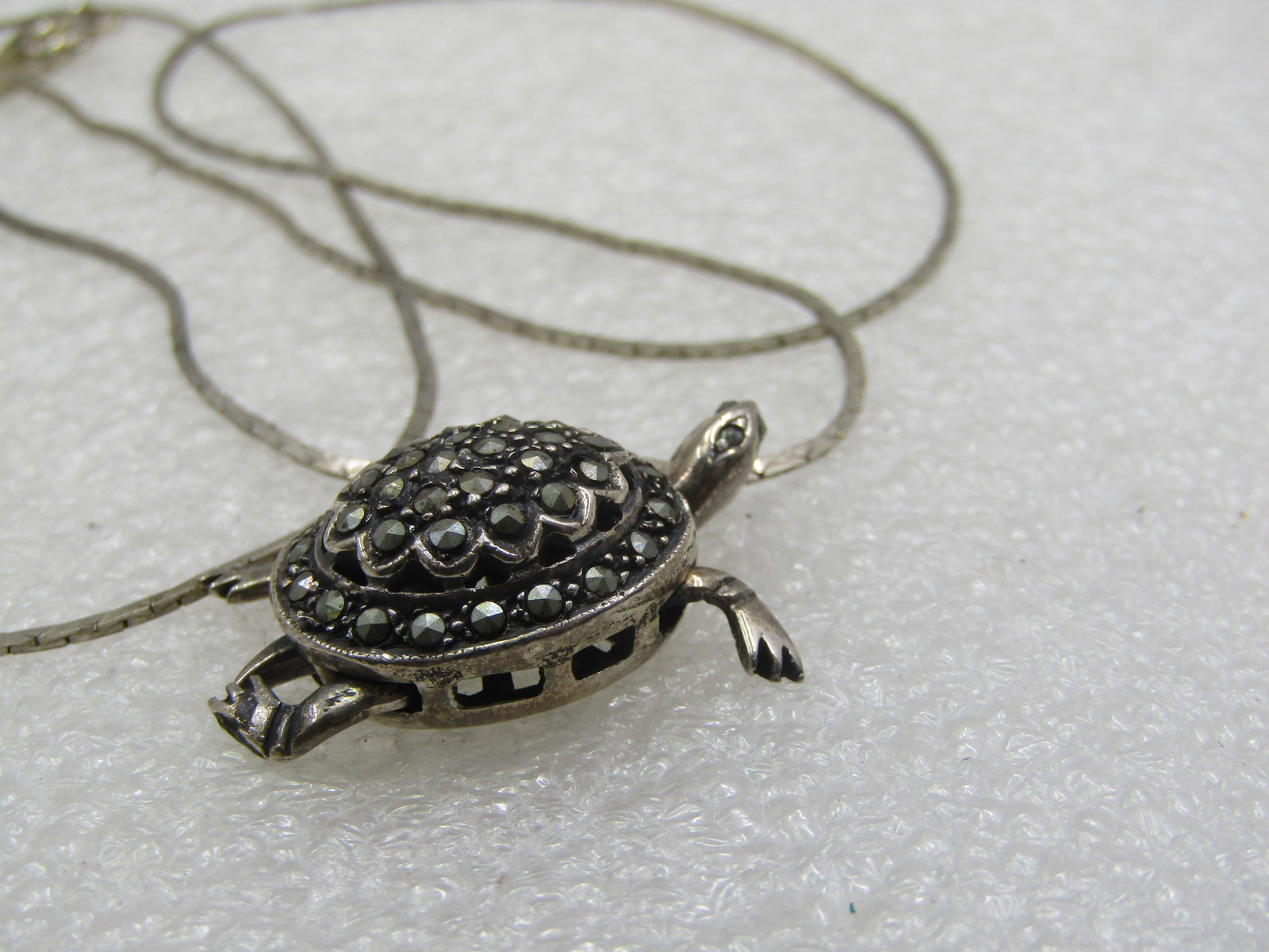 Vintage Sterling Articulated Marcasite Turtle Pendant on 24" Chain - 8