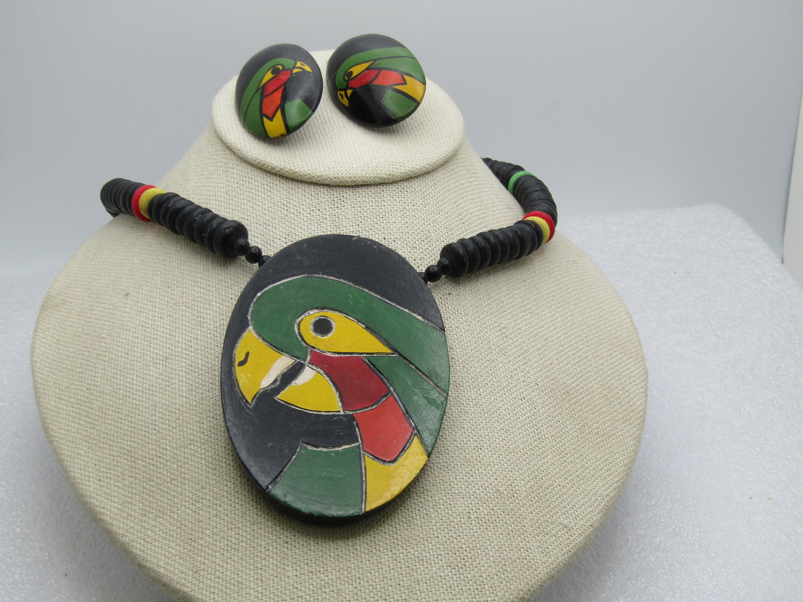 Vintage Wood Painted Parrot Necklace/Earrings Set, Phillipines, 1970's-1980's (1 of 6)