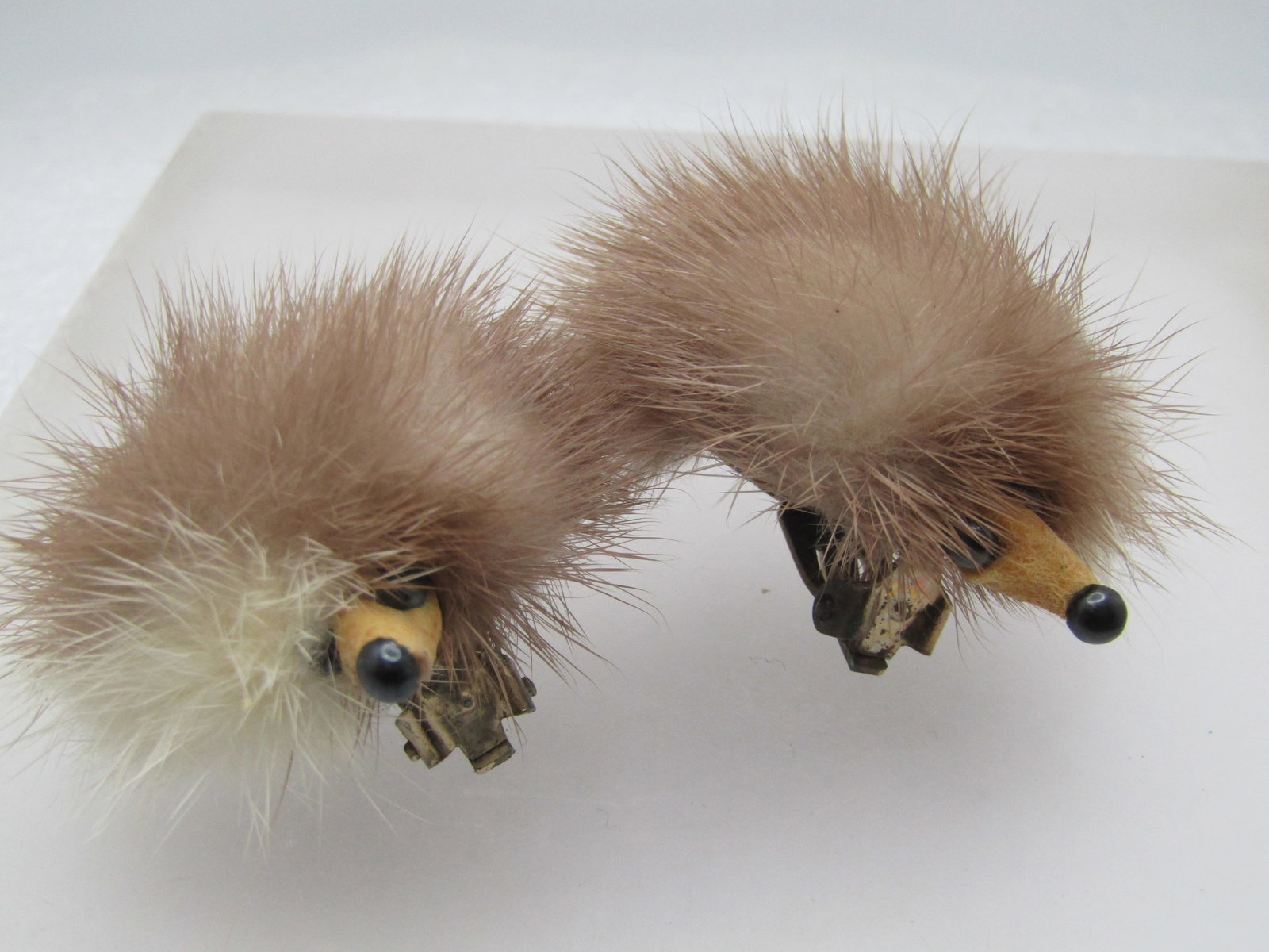 Vintage Mink Pom Pom Earrings, With Face, Clip, 1950's-1960's: Vintage Mink Pom Pom Earrings, With Face, Clip, 1950's-1960's. These earrings have a lighter with a more tan to mocha tips to the fur. They have leather muzzles and black glass bead eyes and nose. Gol