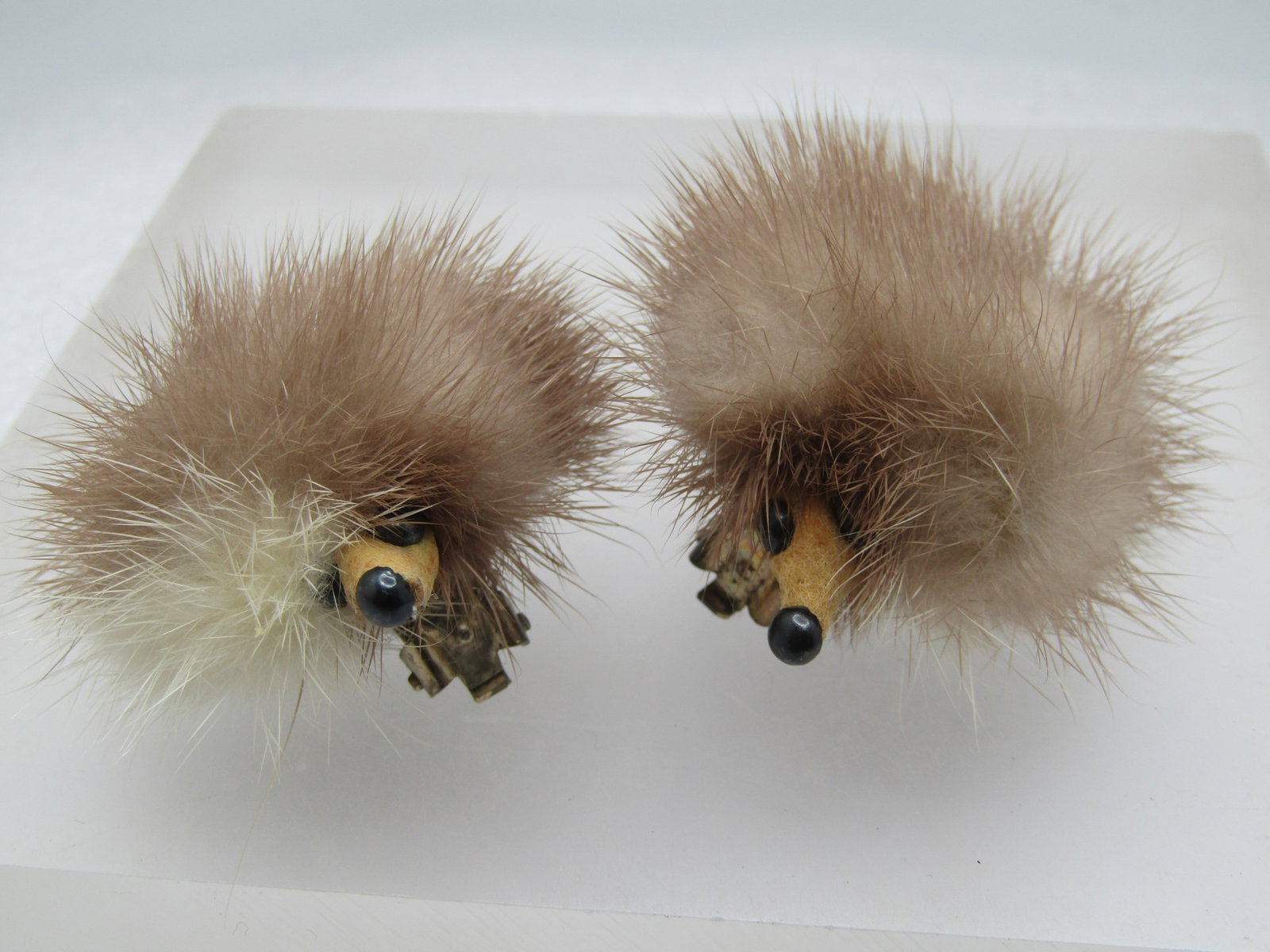 Vintage Mink Pom Pom Earrings, With Face, Clip, 1950's-1960's - 2