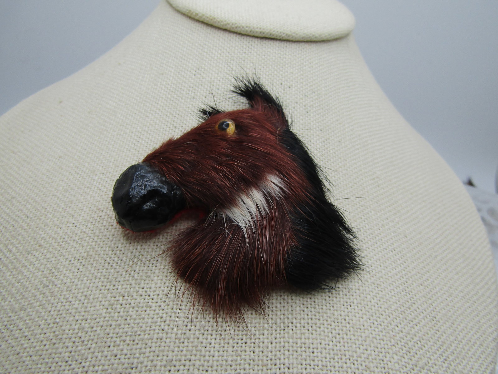 Vintage Horse Head Fur Brooch, 1950's-1960's. Handmade: Vintage Horse Head Fur Brooch, 1950's-1960's. Handmade. Appx. 2.5" tall and 2" wide. Brown, Black horse head with white fur at the neck, a leather formed muzzle of leather or formed plastic with