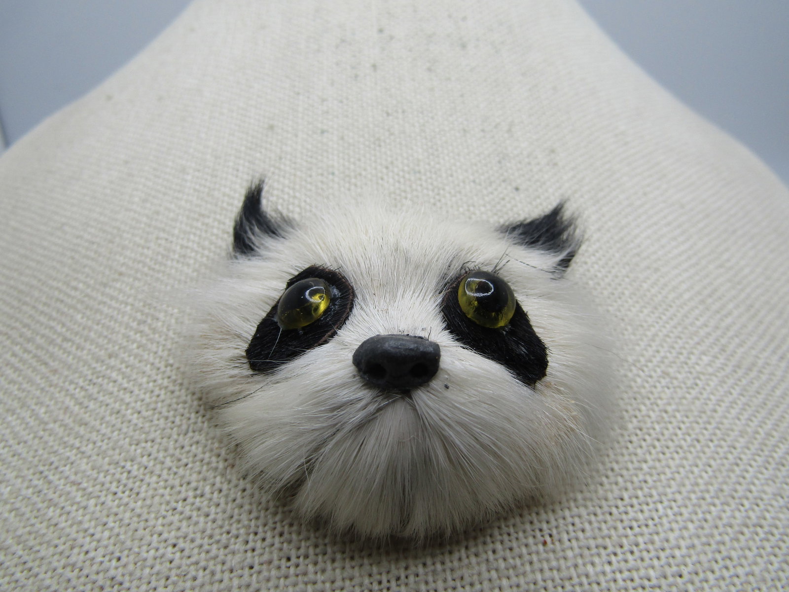Vintage Raccoon Face Fur Brooch, 1950's-1960's.: Vintage Raccoon Face Fur Brooch, 1950's-1960's. Handmade. Appx. 2" tall and 2" wide. White and black face with black oval accents under the glass eyes It looks like a raccoon but could be something el