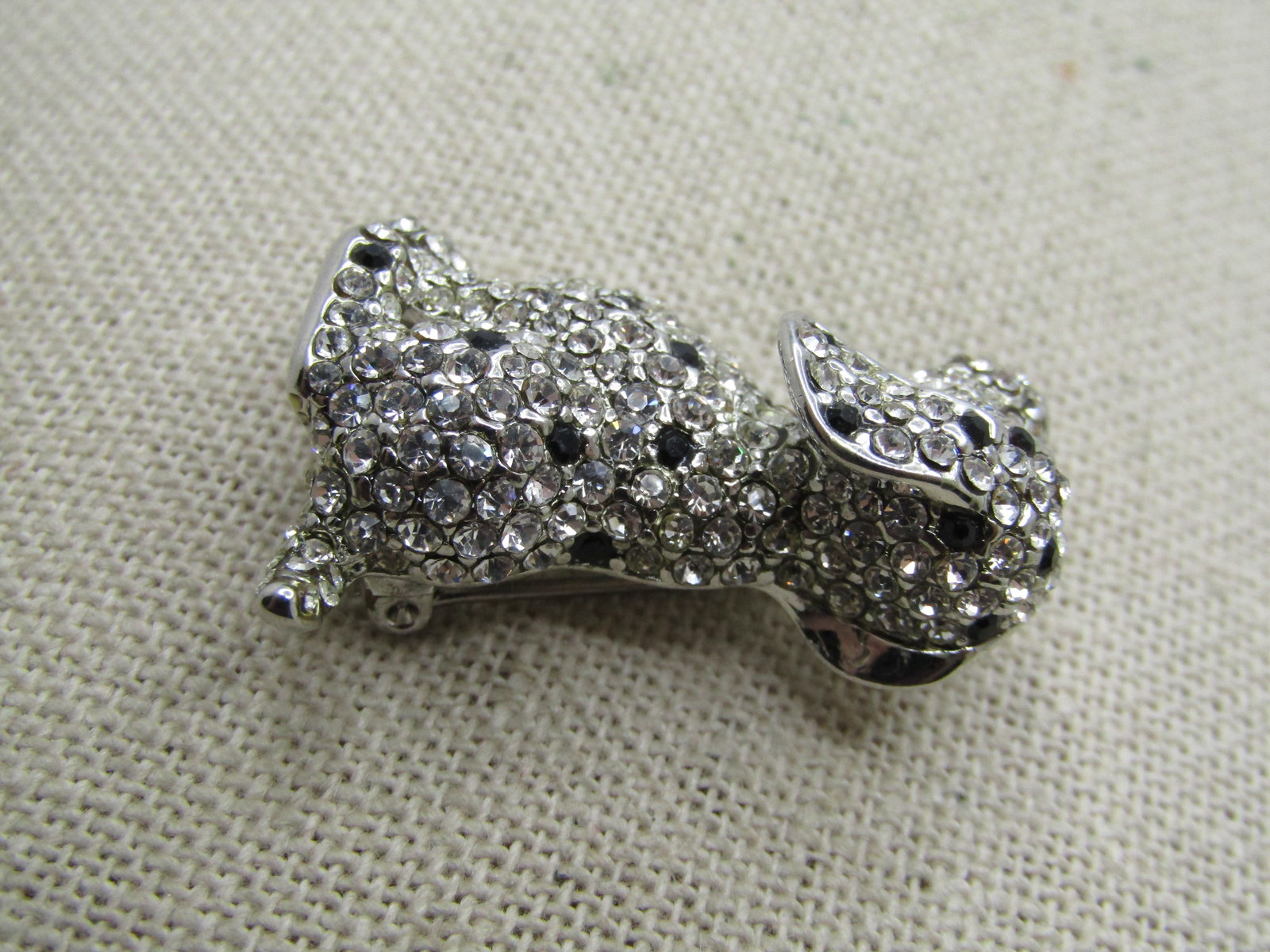 Vintage Rhinestone Dalmation Dog Brooch, Black/Clear, 1980's - 2