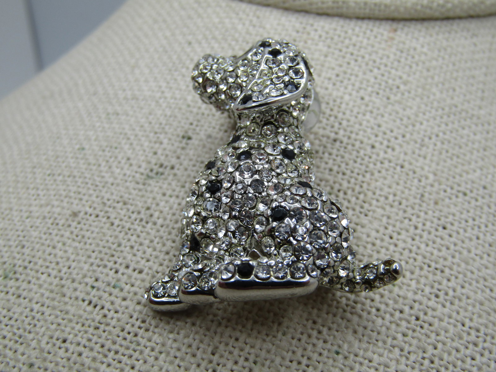 Vintage Rhinestone Dalmation Dog Brooch, Black/Clear, 1980's - 4