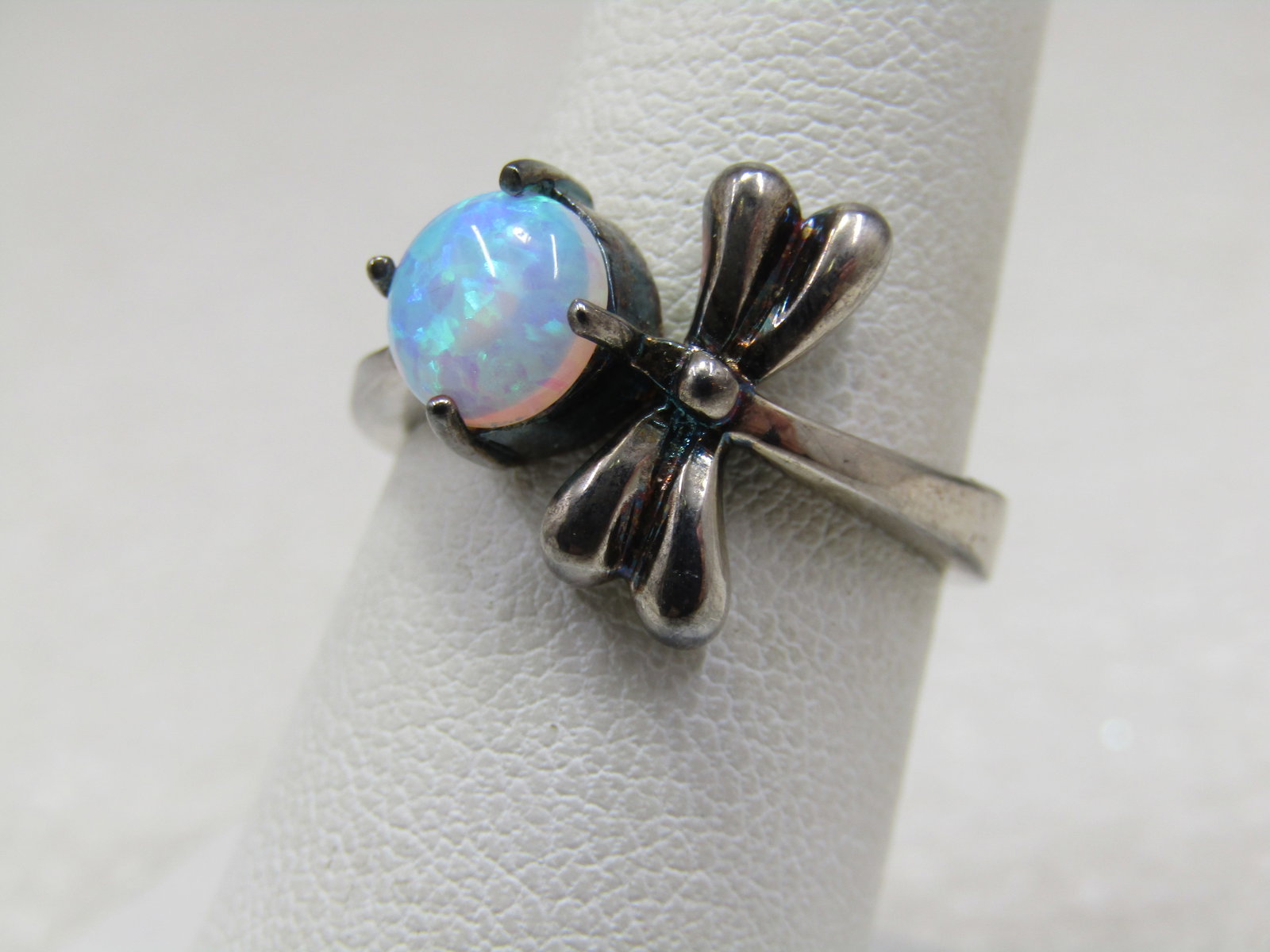 Silver Created Opal Dragonfly Ring. Size 7, marked .925 - 2