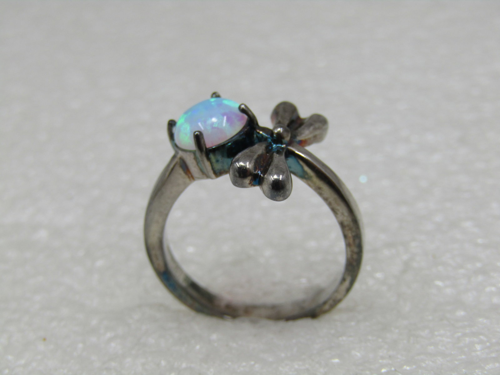 Silver Created Opal Dragonfly Ring. Size 7, marked .925 - 4